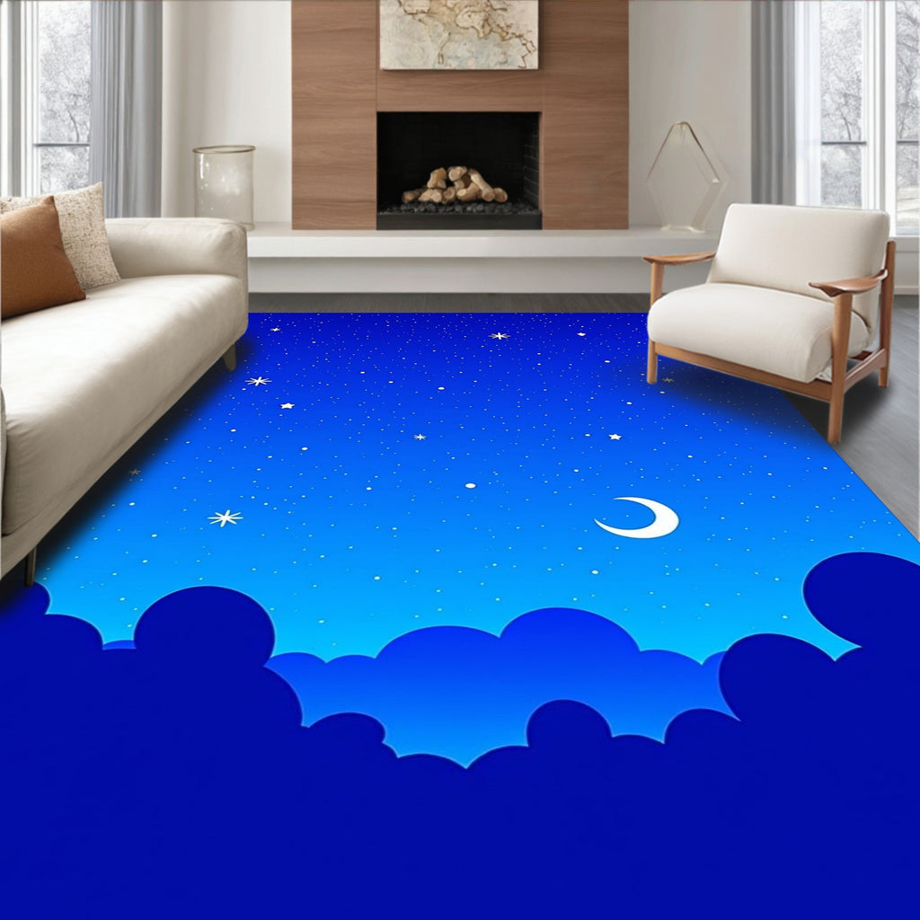 Midnight Blue Celestial Moon Stars Rug