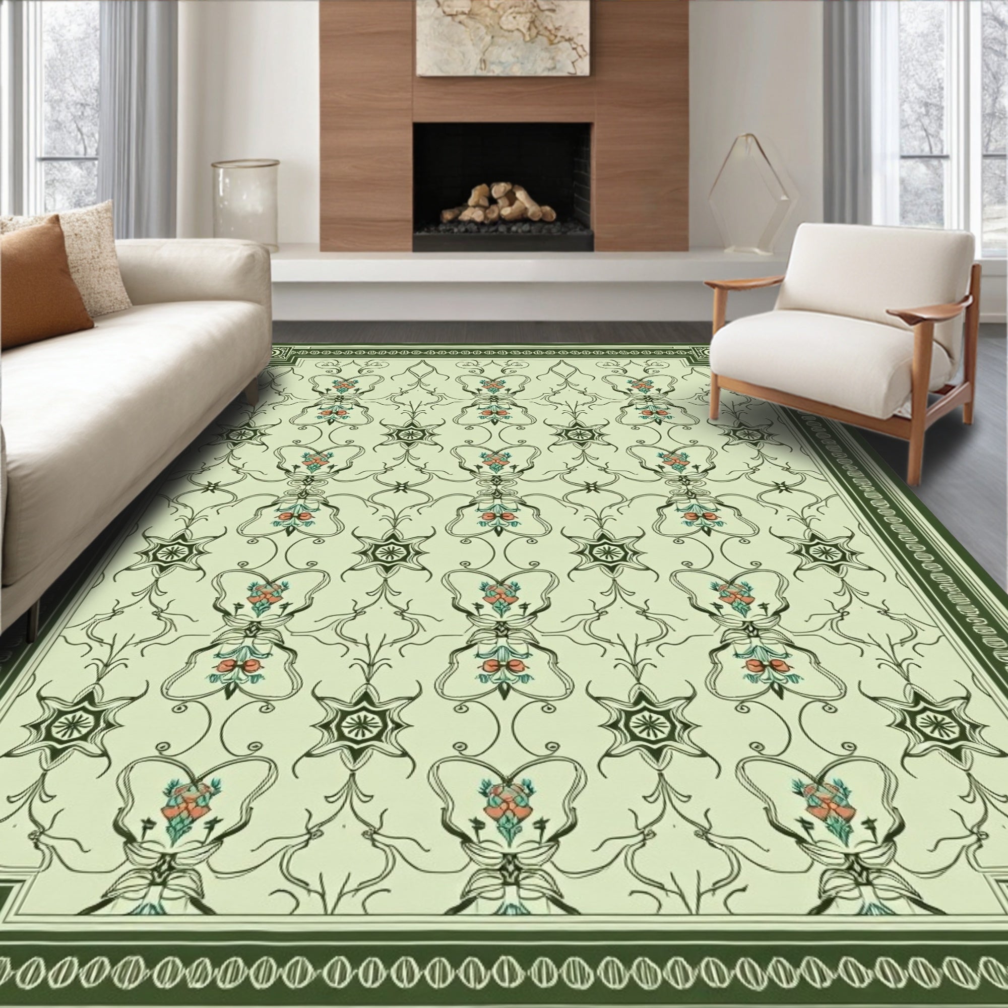 Pale Green Floral Medallion Border Rug