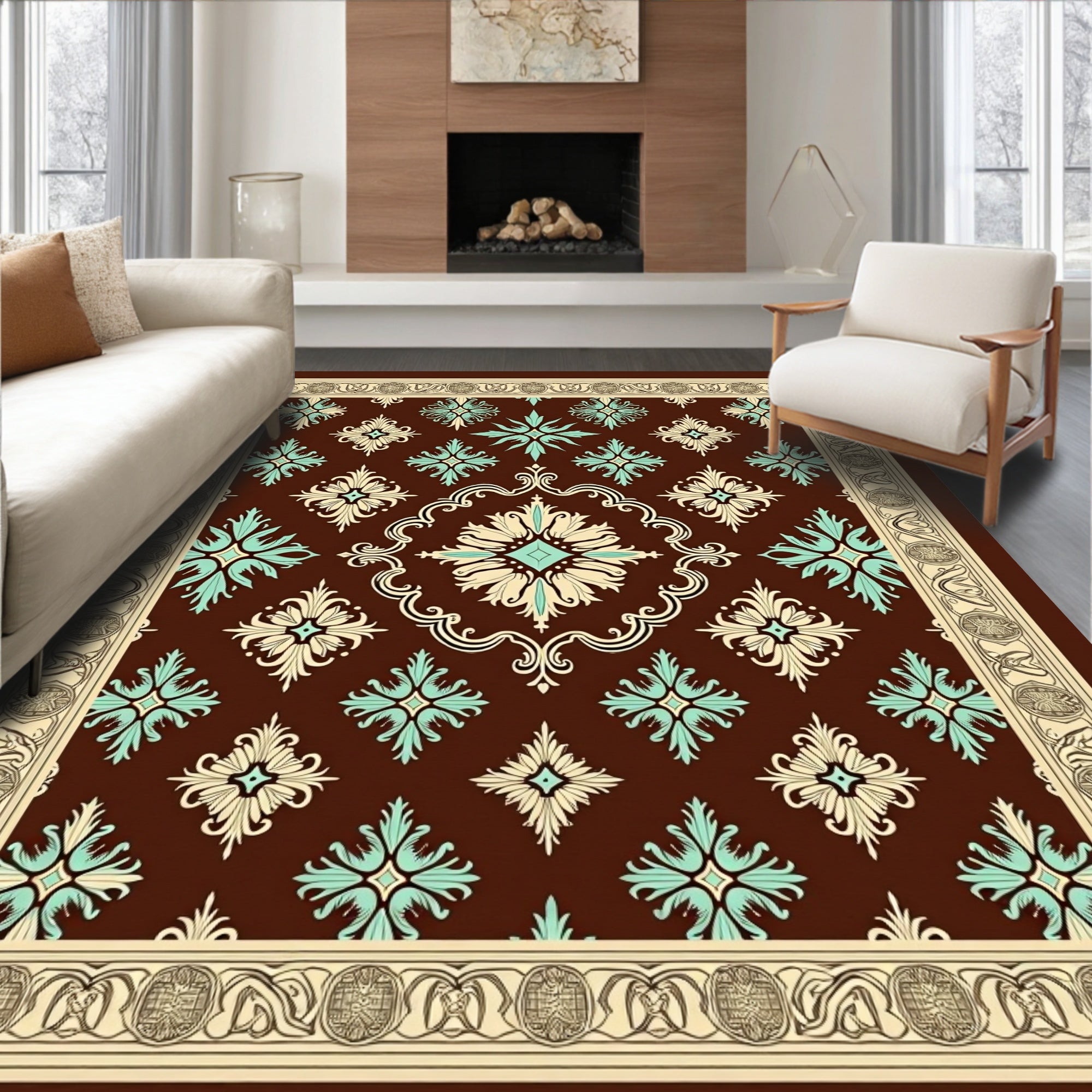 Rich Brown Teal Cream Medallion Border Rug