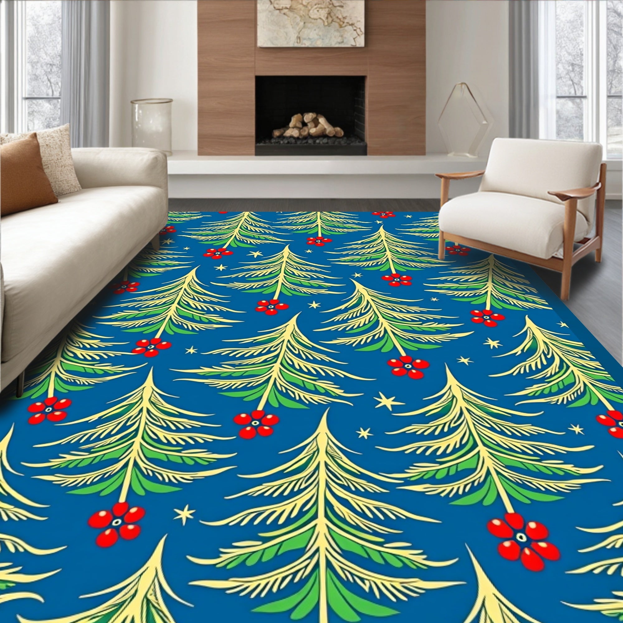 Stylized Evergreen Red Star Abloom Rug