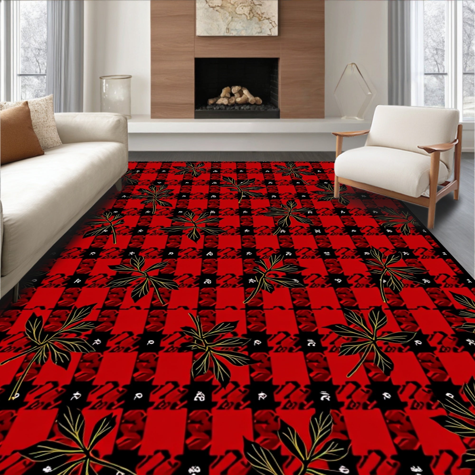 Red Black Houndstooth Leaf Cluster Rug