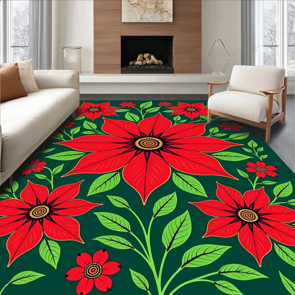 Vibrant Red Floral Garden Tapestry Rug