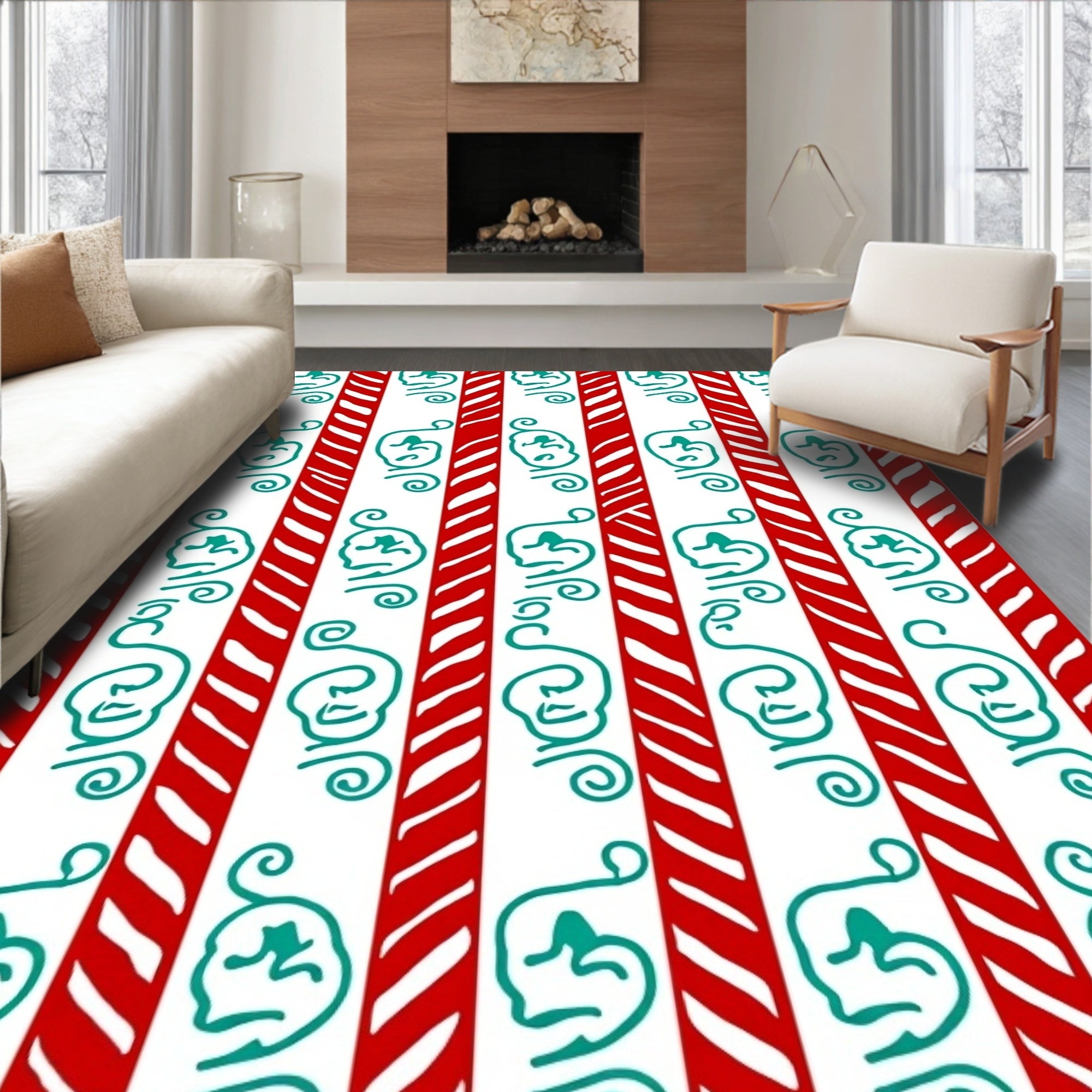 Red White Teal Whimsical Face Stripes Rug