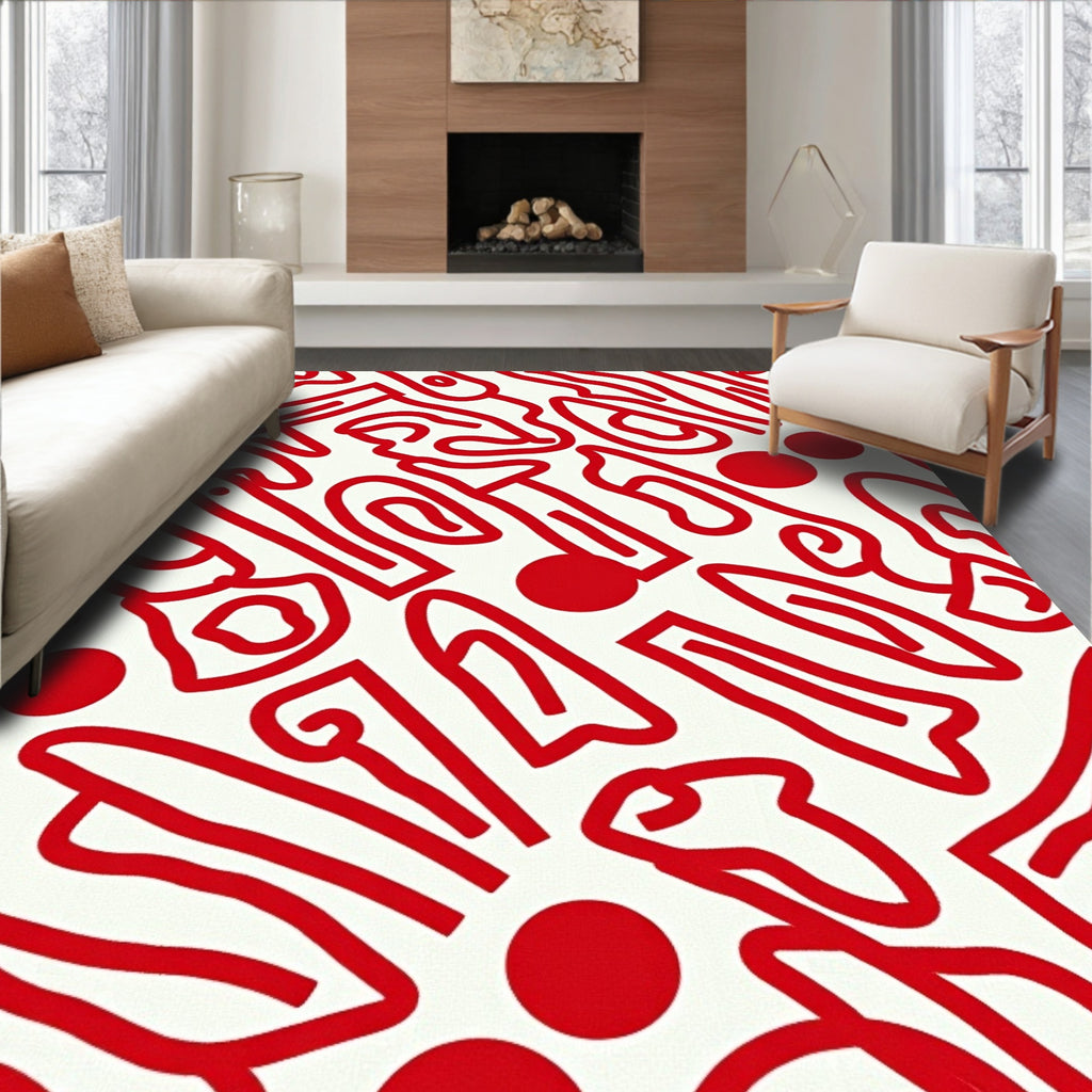 Crimson White Abstract Curvy Line Rug