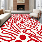 Crimson White Abstract Curvy Line Rug
