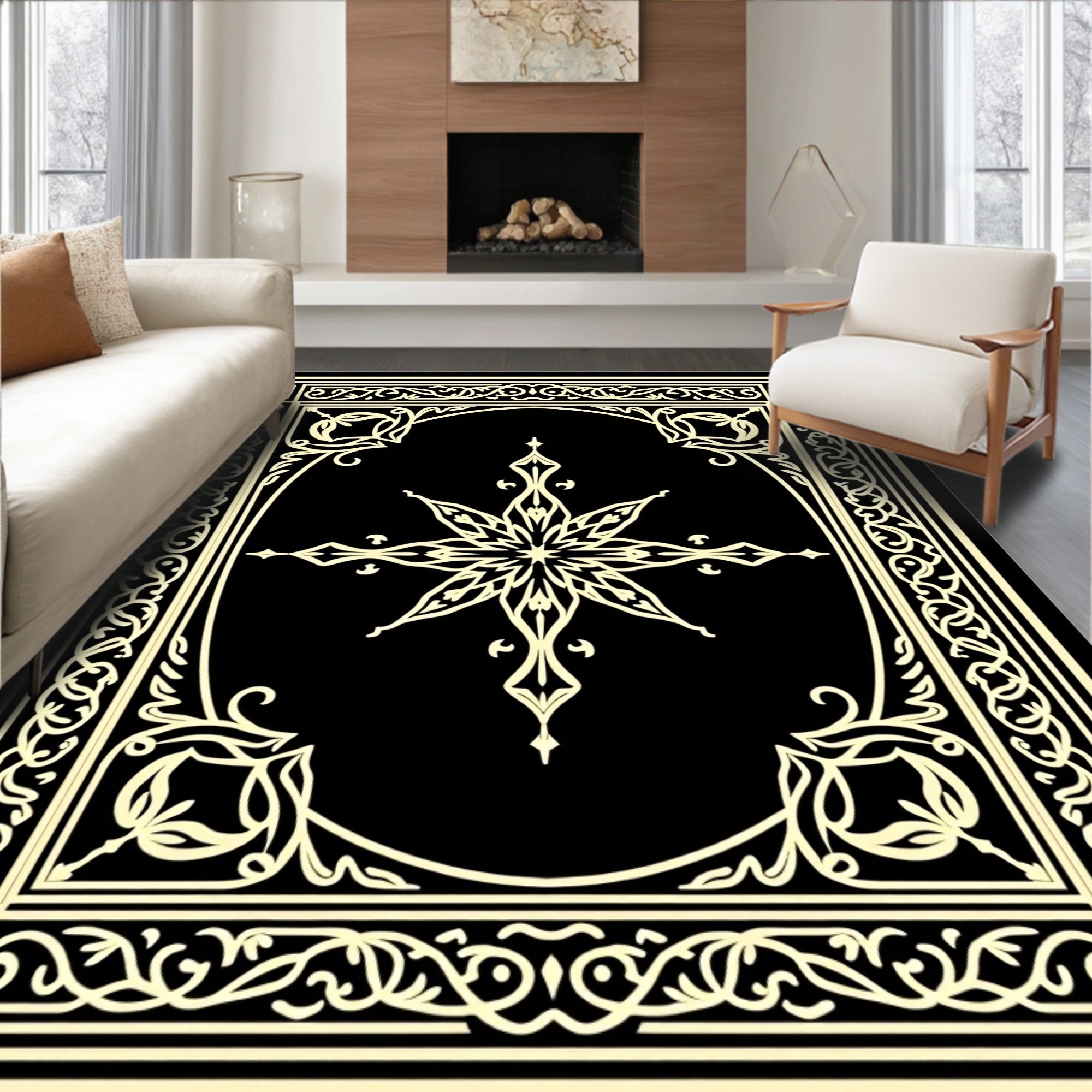 Elegant Ivory Black Floral Medallion Rug