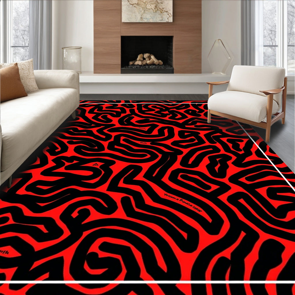 Bold Red Maze Abstract Art Rug