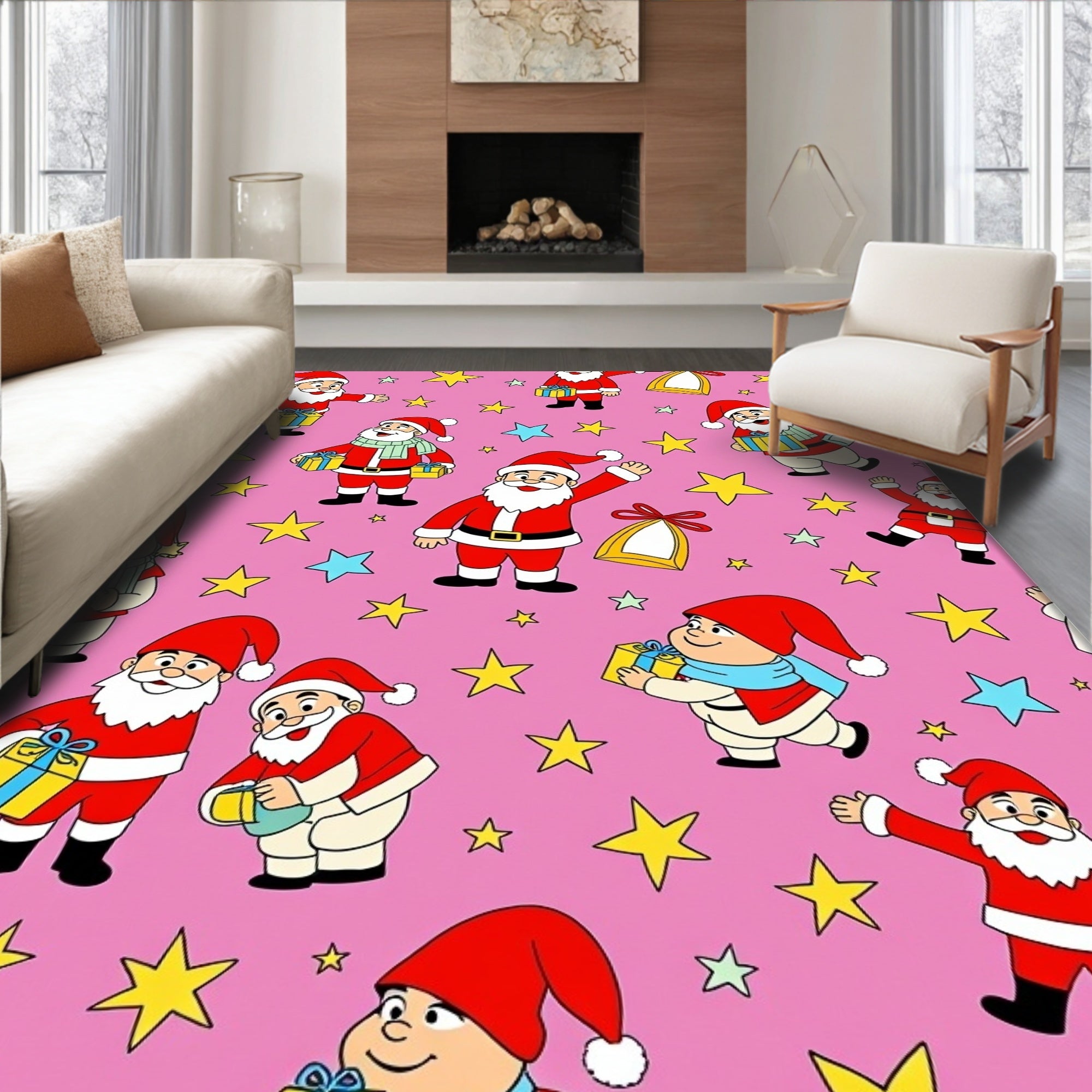 Joyful Santa Claus Starry Pink Holiday Rug