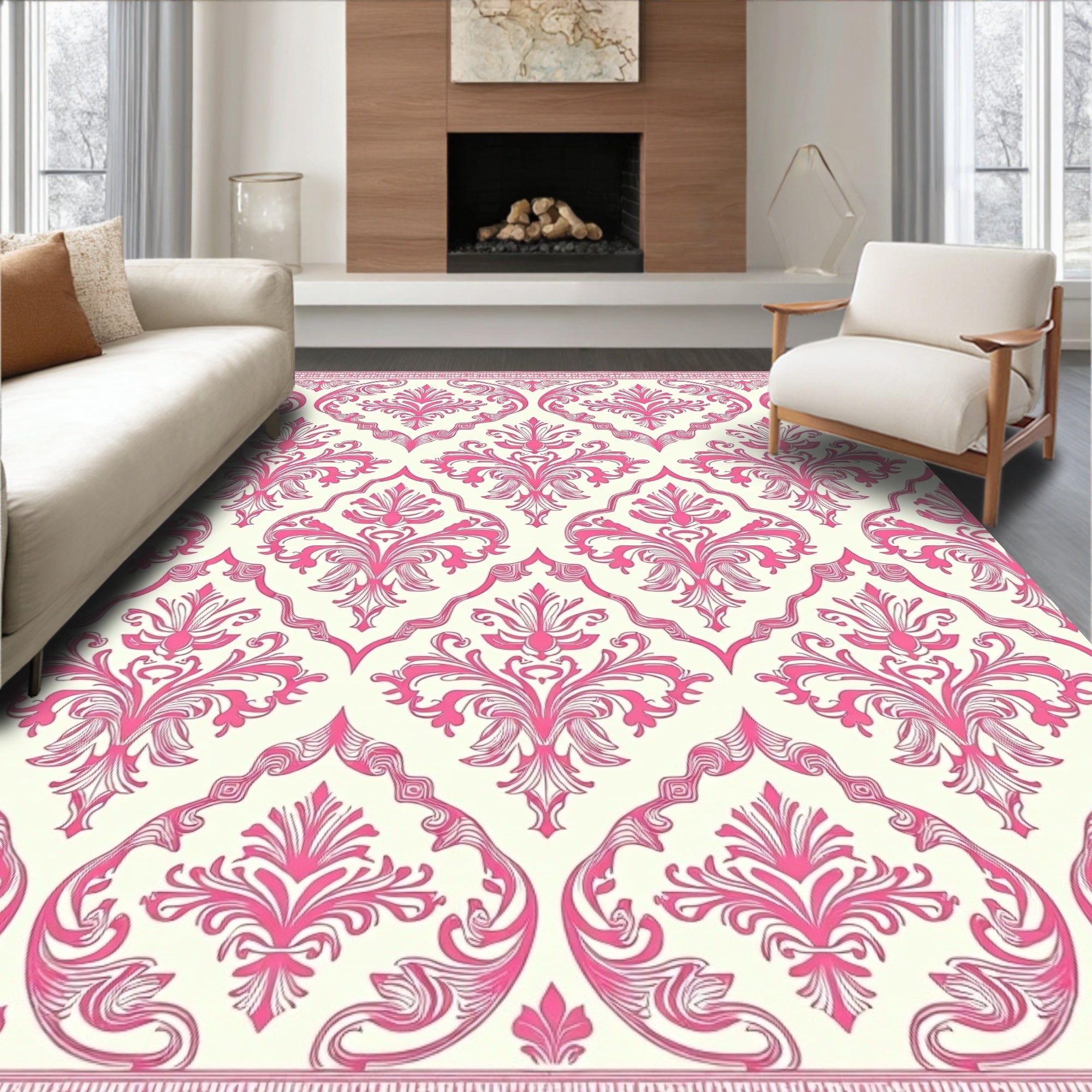 Classic Pink Baroque Floral Medallion Rug