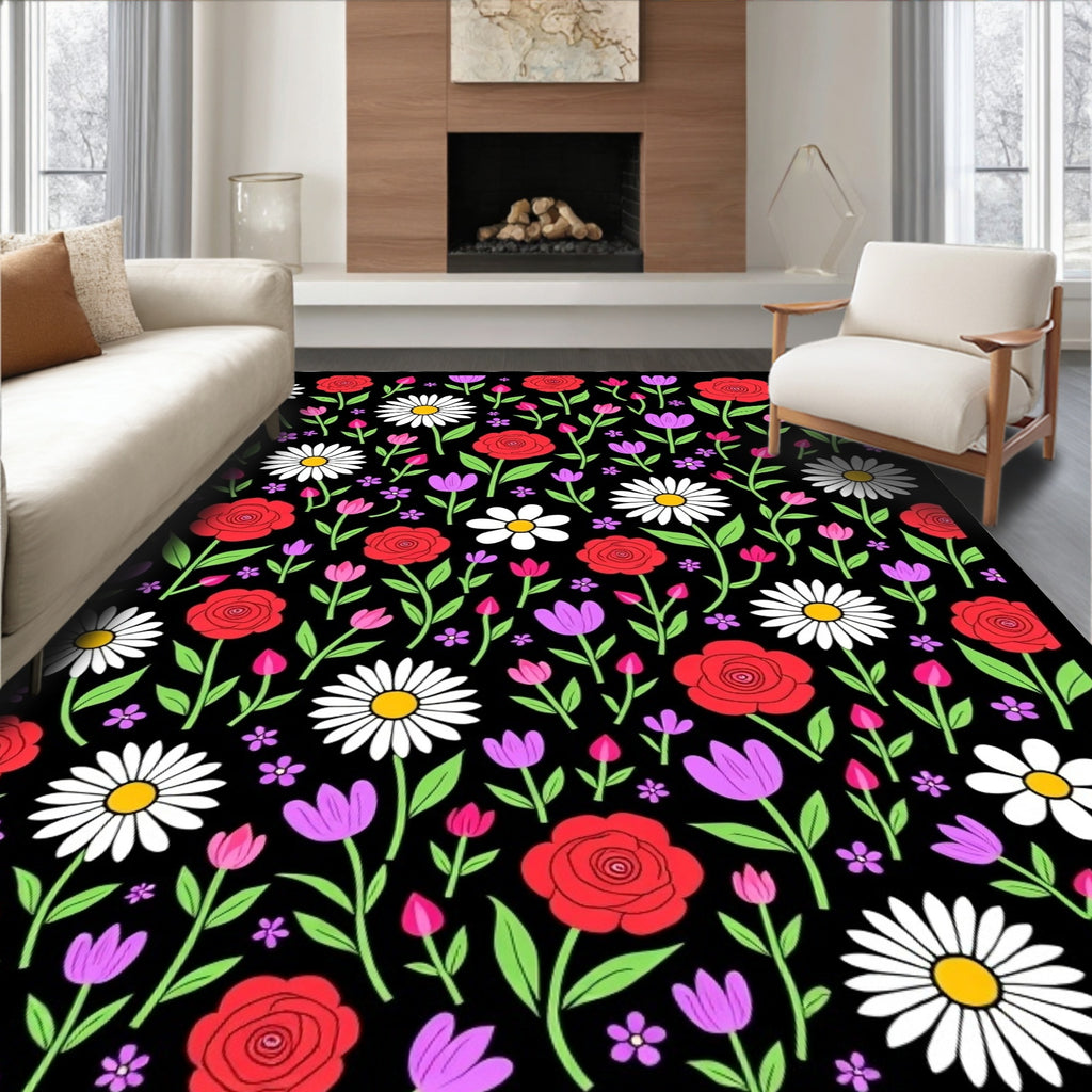 Whimsical Red Rose Daisy Bouquet Rug