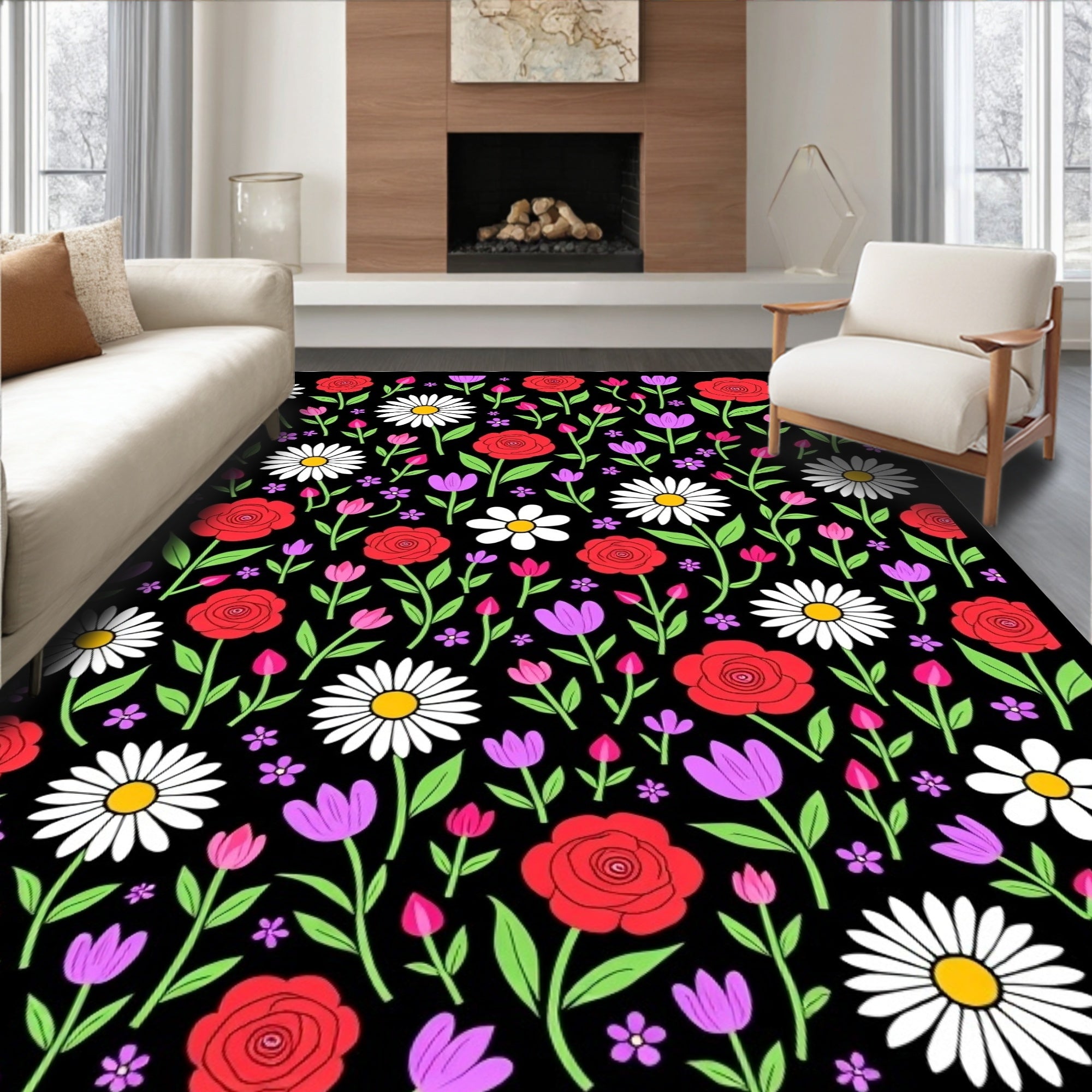 Whimsical Red Rose Daisy Bouquet Rug