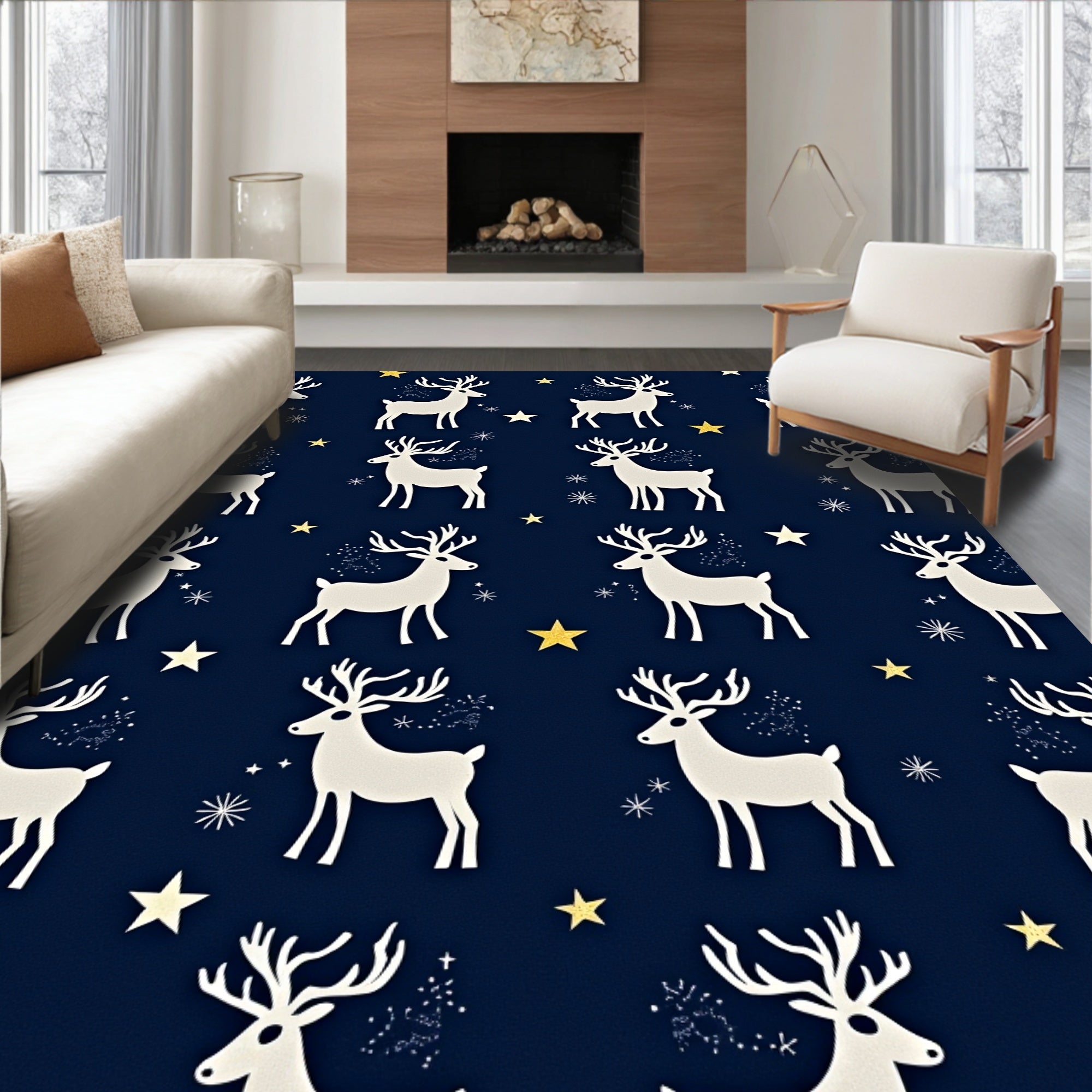White Reindeer Golden Stars Night Rug