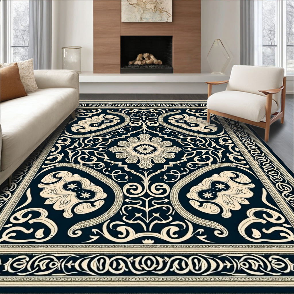 Classic Navy Floral Scroll Medallion Rug