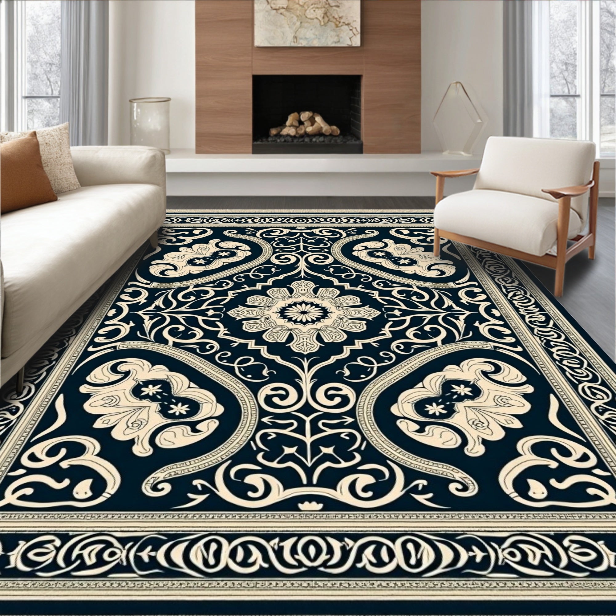 Classic Navy Floral Scroll Medallion Rug