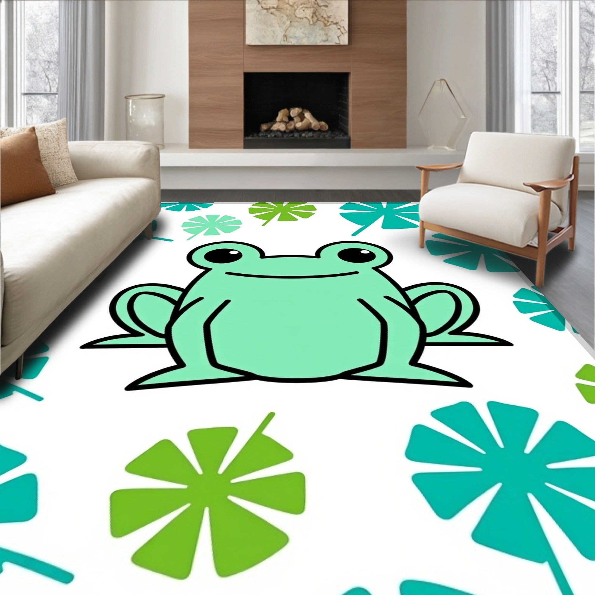 Green Frog With Teal Leaf Accents Rug