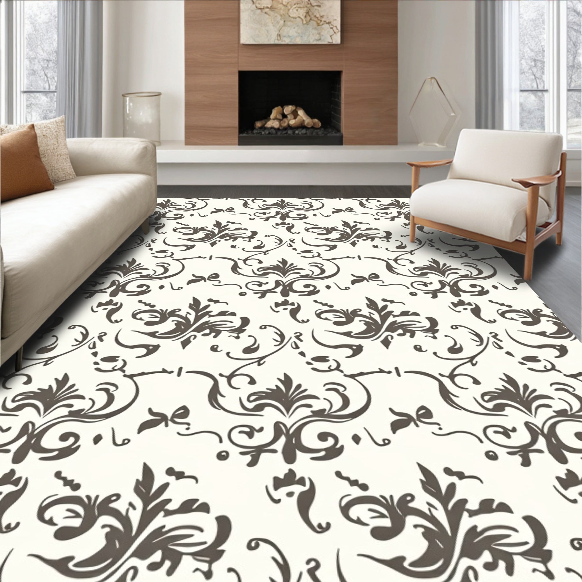 Neutral Cream and Brown Damask Flourish Rug
