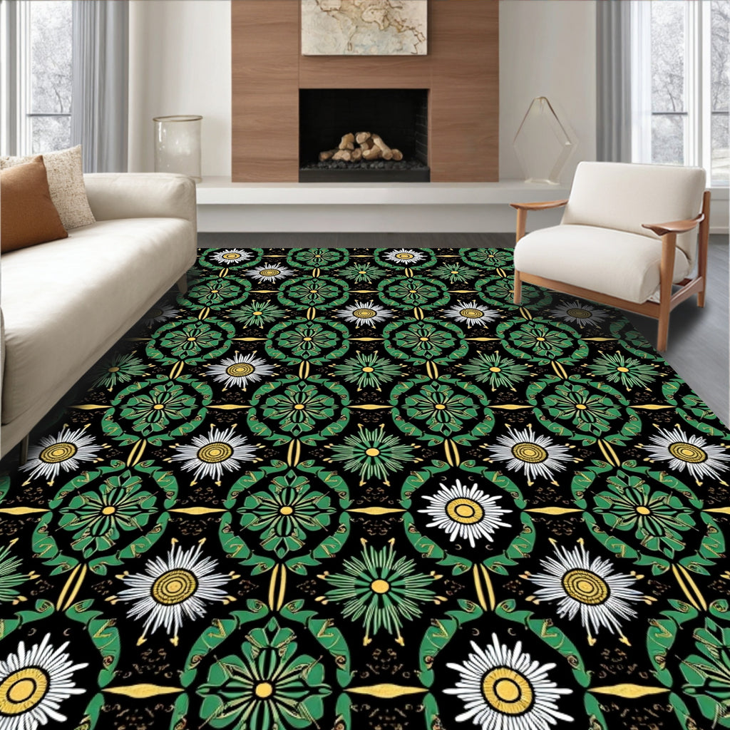 Green Daisy Floral Art Deco Rug