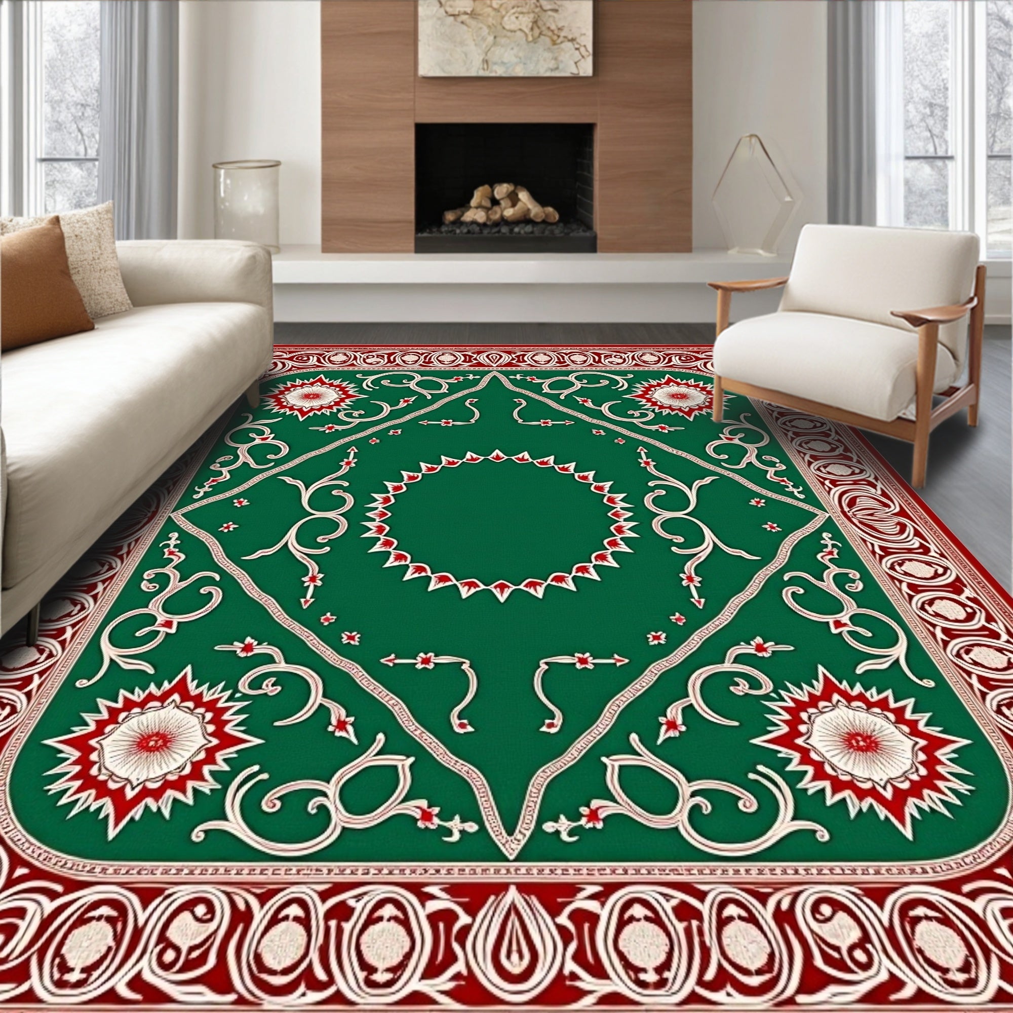 Classic Green Red Floral Medallion Rug