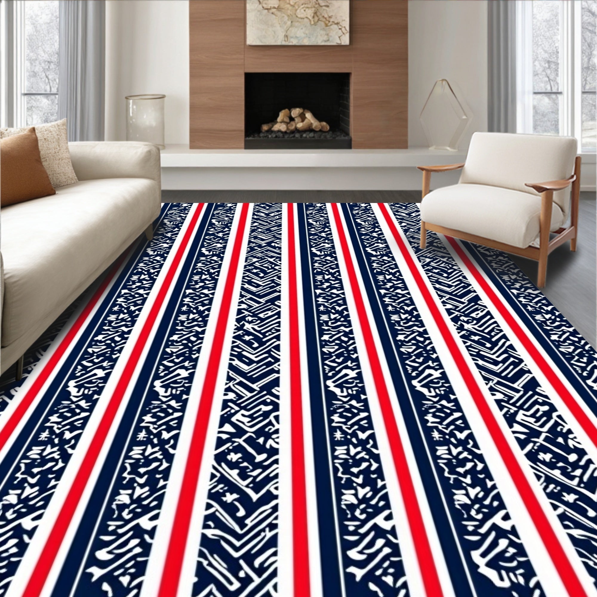 Red White Navy Abstract Stripe Rug