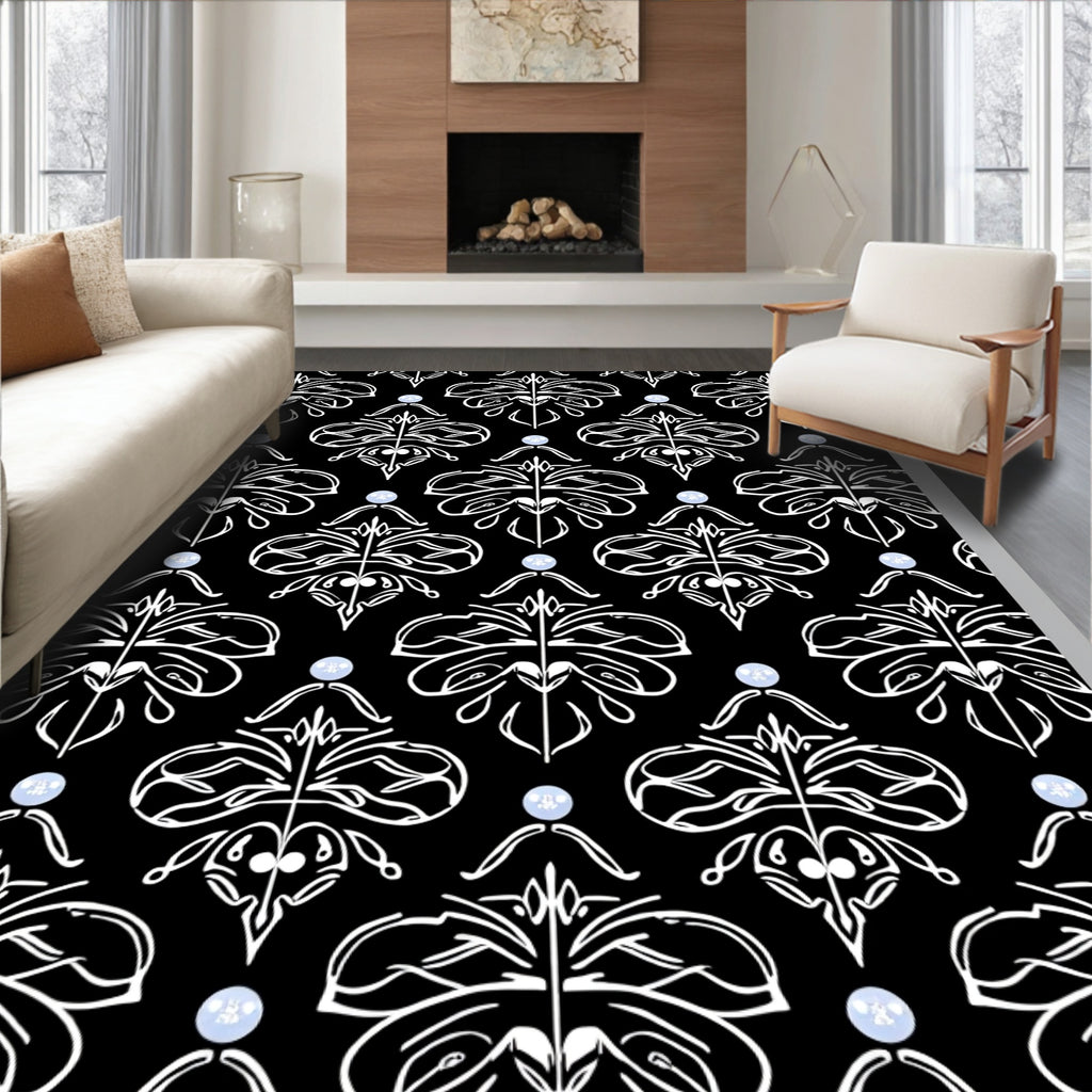 Classic White Damask Black Medallion Rug