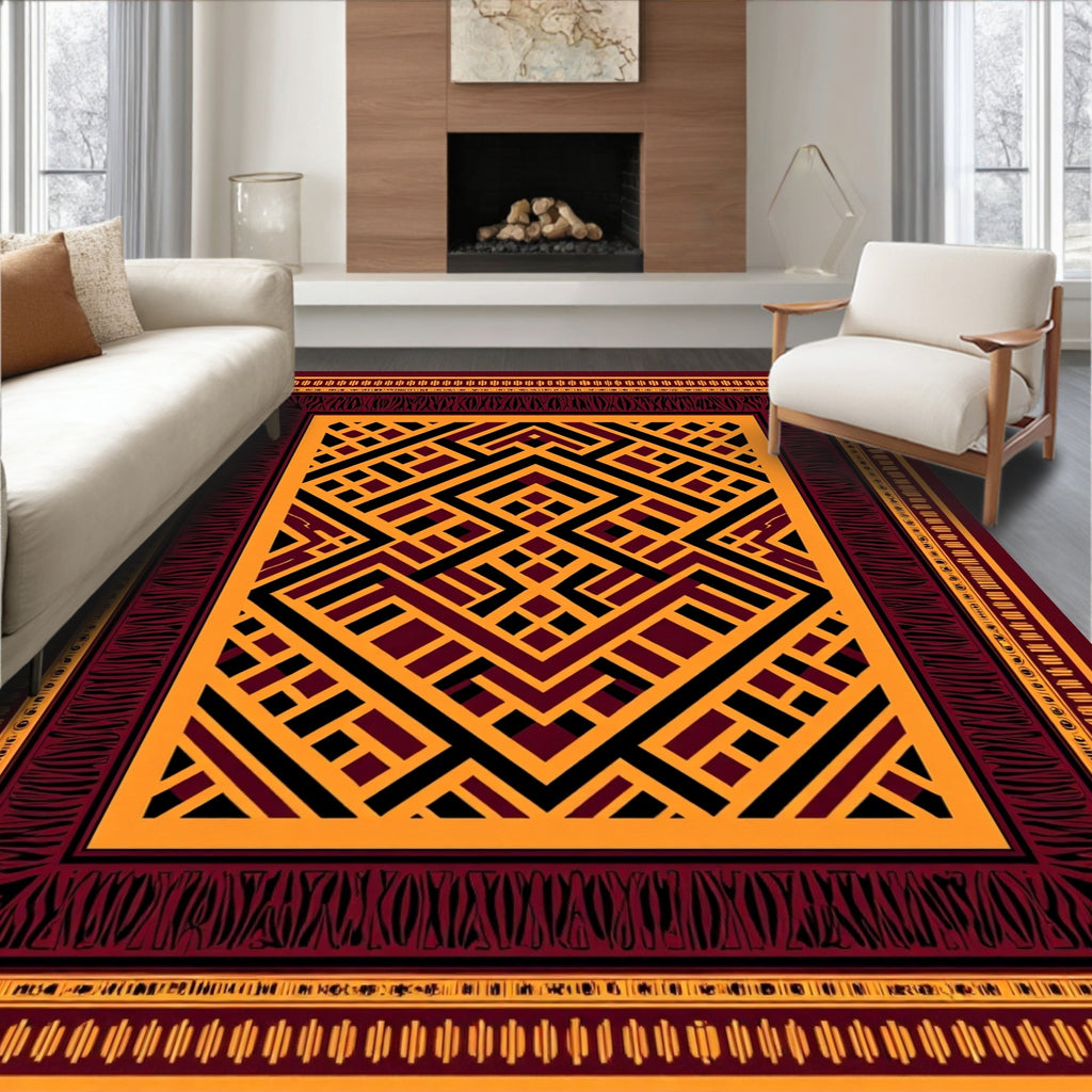 Bold Geometric Maroon Gold Lines Rug
