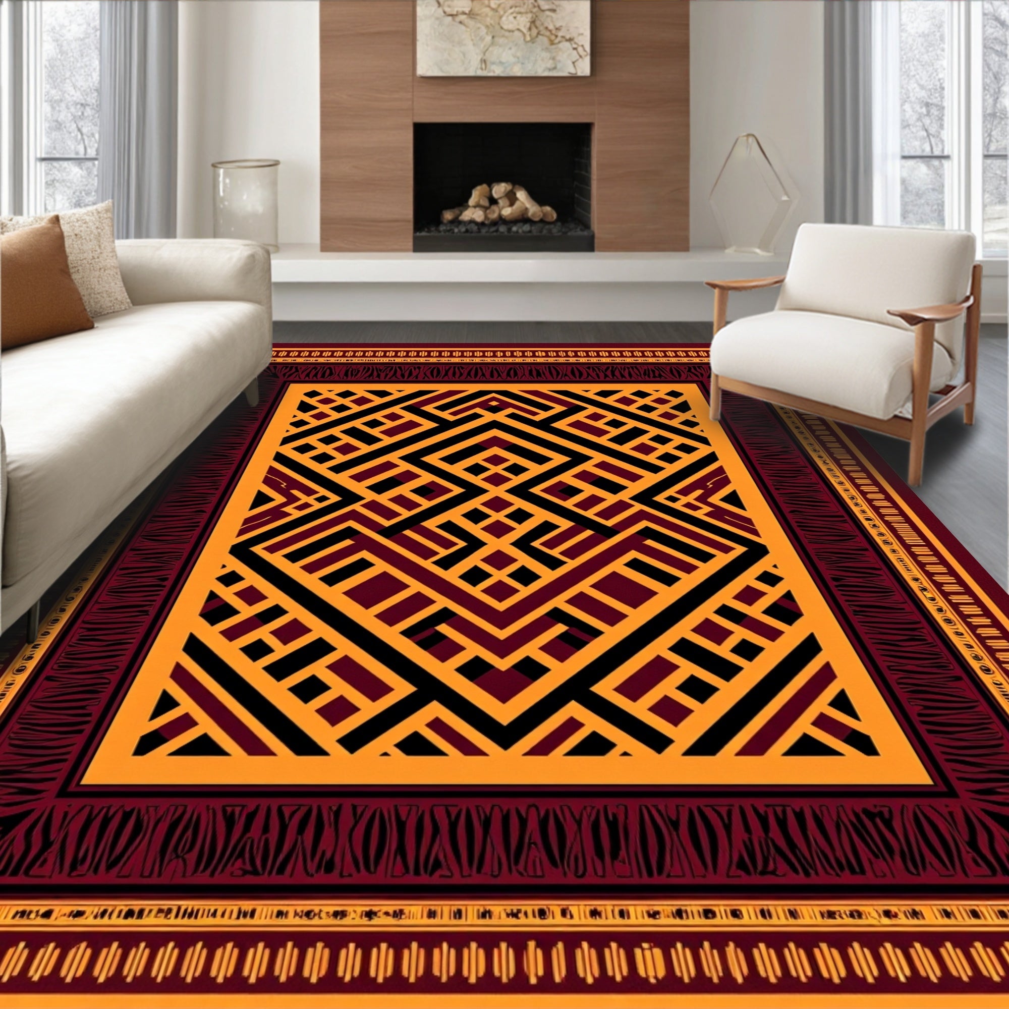 Bold Geometric Maroon Gold Lines Rug