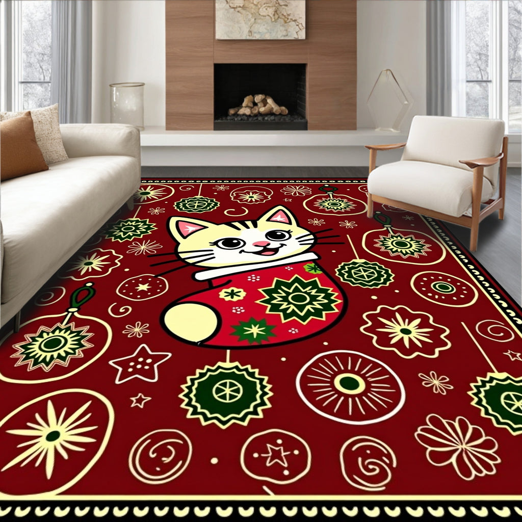 Festive Red Cat Christmas Ornaments Rug