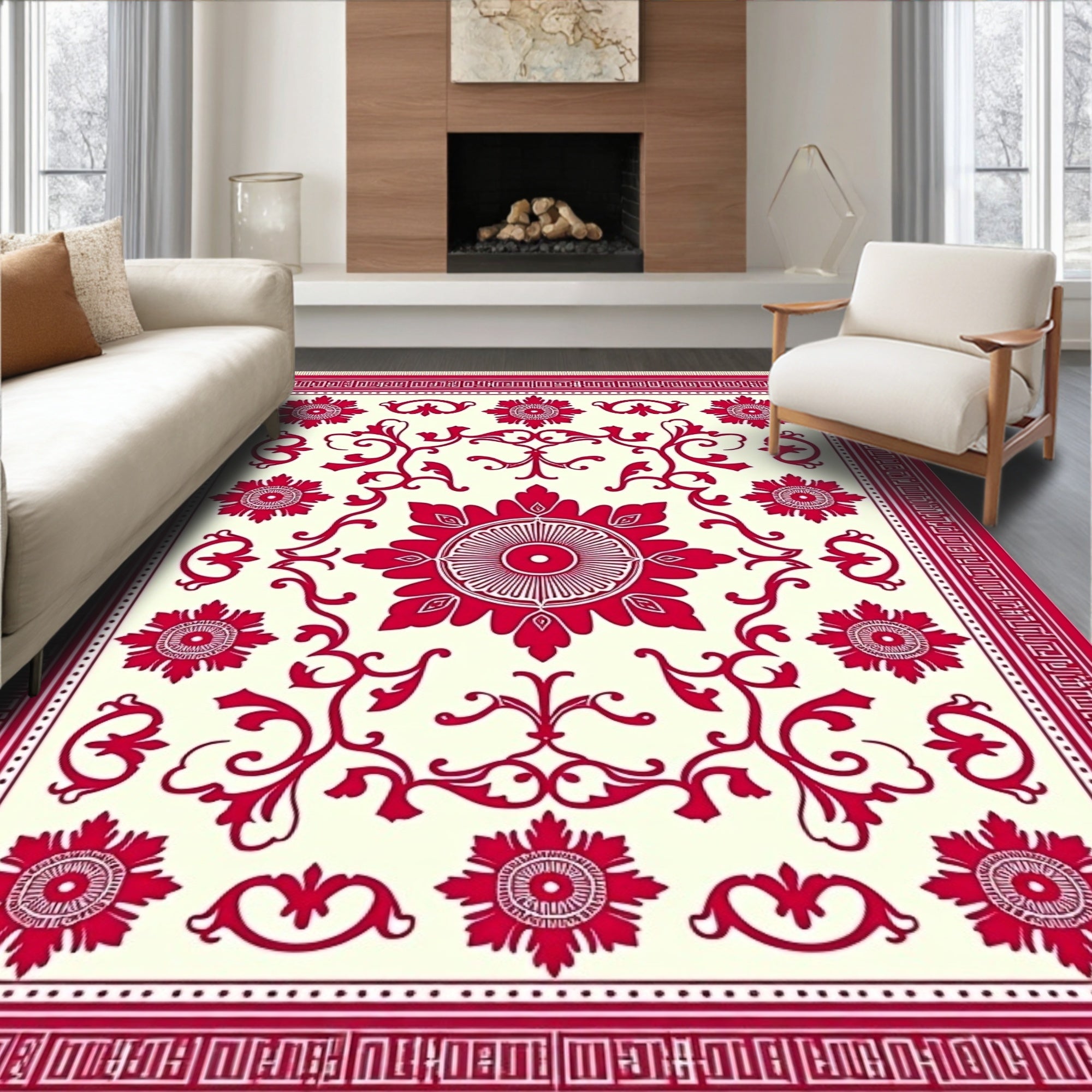 Crimson Rose Vine Border Rug