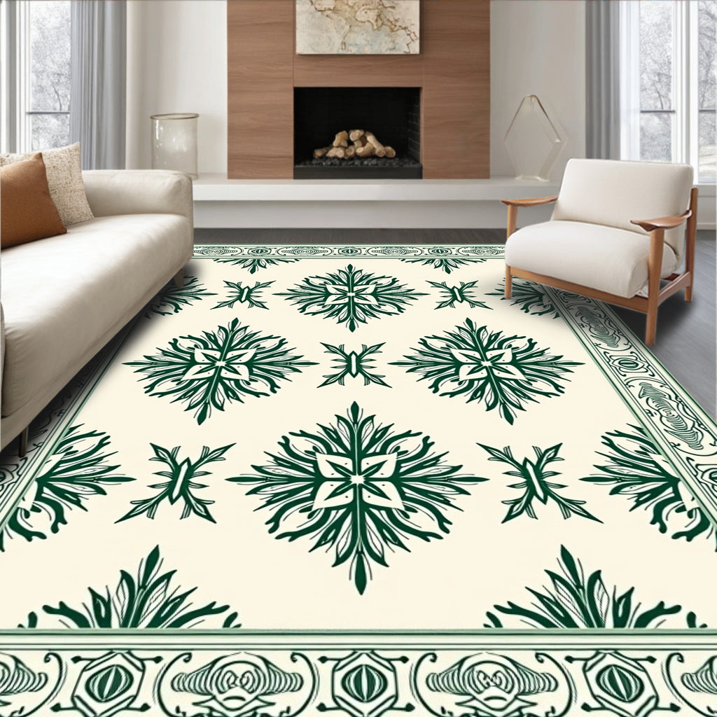 Elegant Cream Emerald Floral Medallion Rug