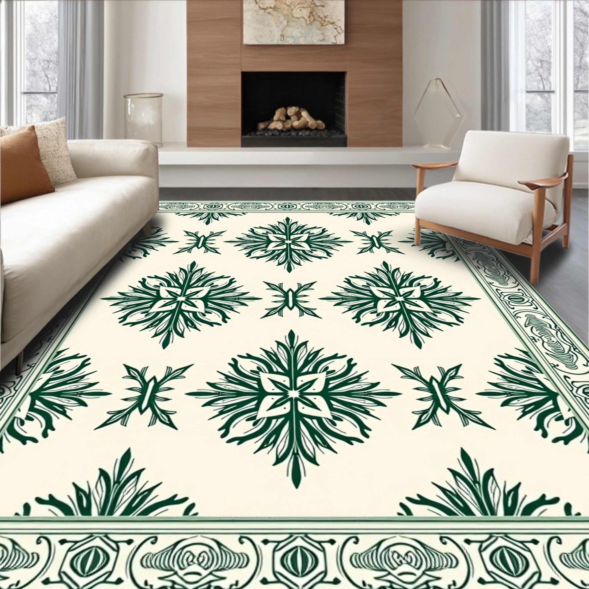 Elegant Cream Emerald Floral Medallion Rug