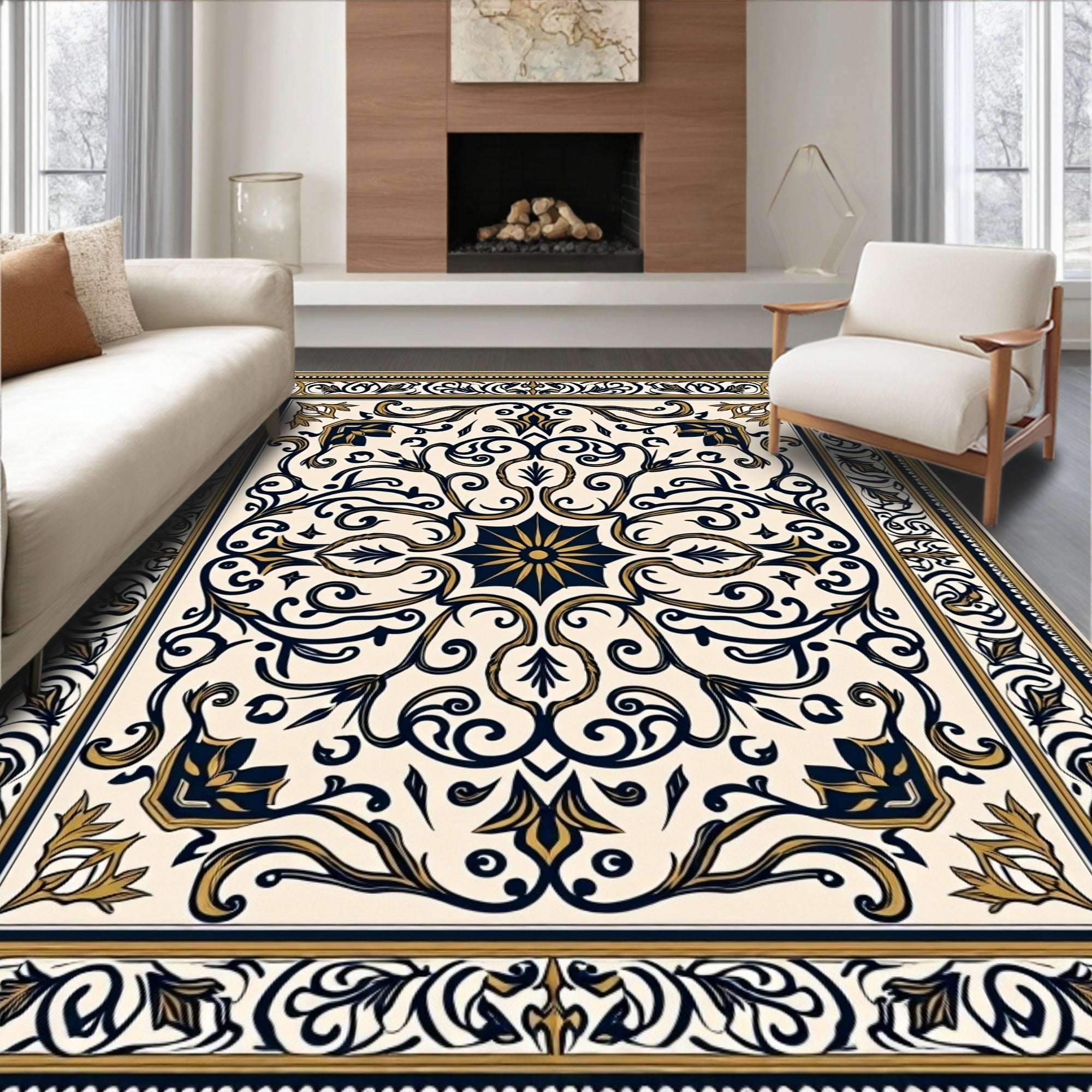 Cream Navy Gold Ornate Floral Medallion Rug