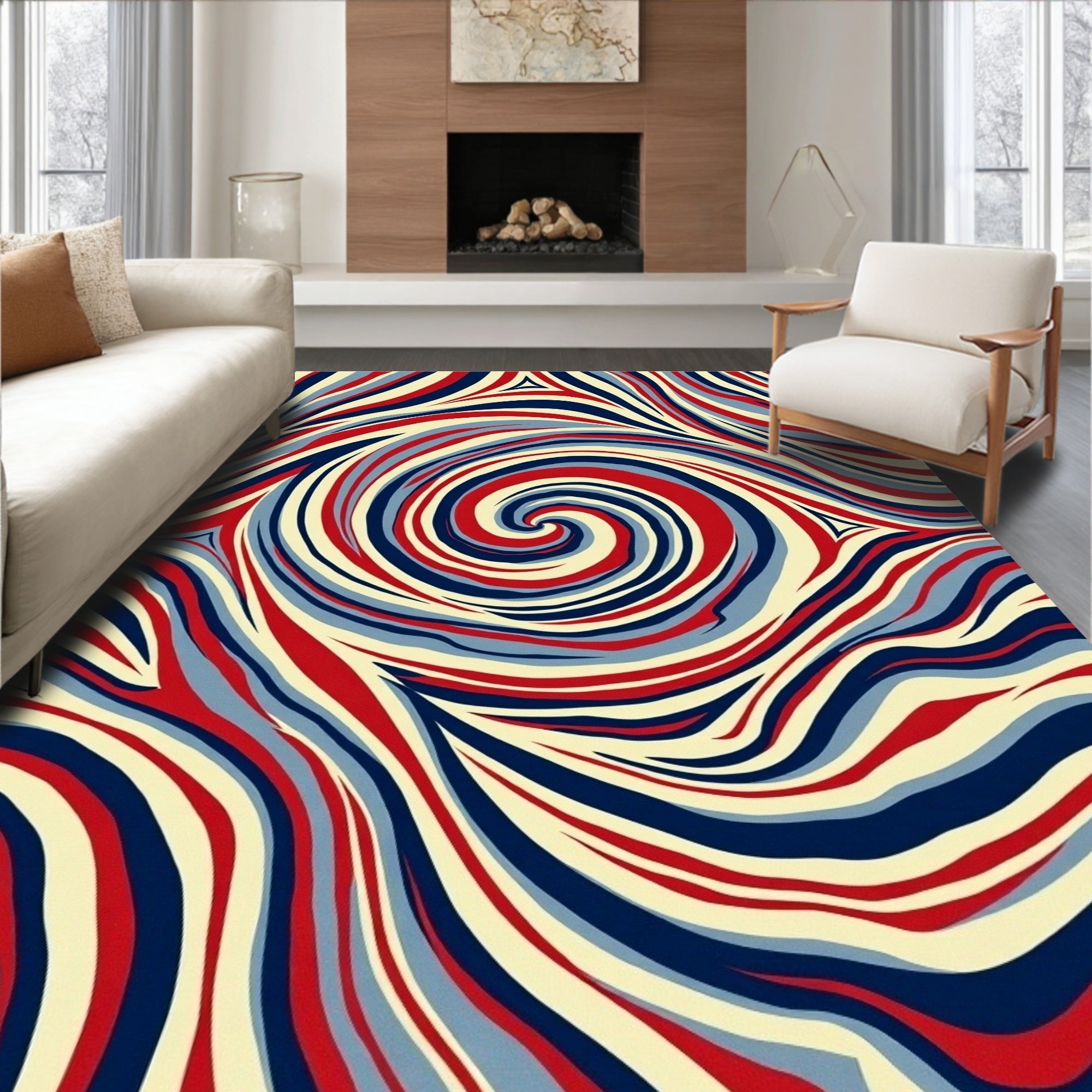 Waves of Red, Blue, and Cream Swirl Rug