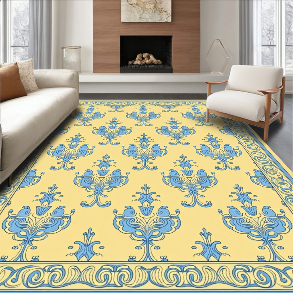 Pale Yellow Blue Scrollwork Botanical Rug