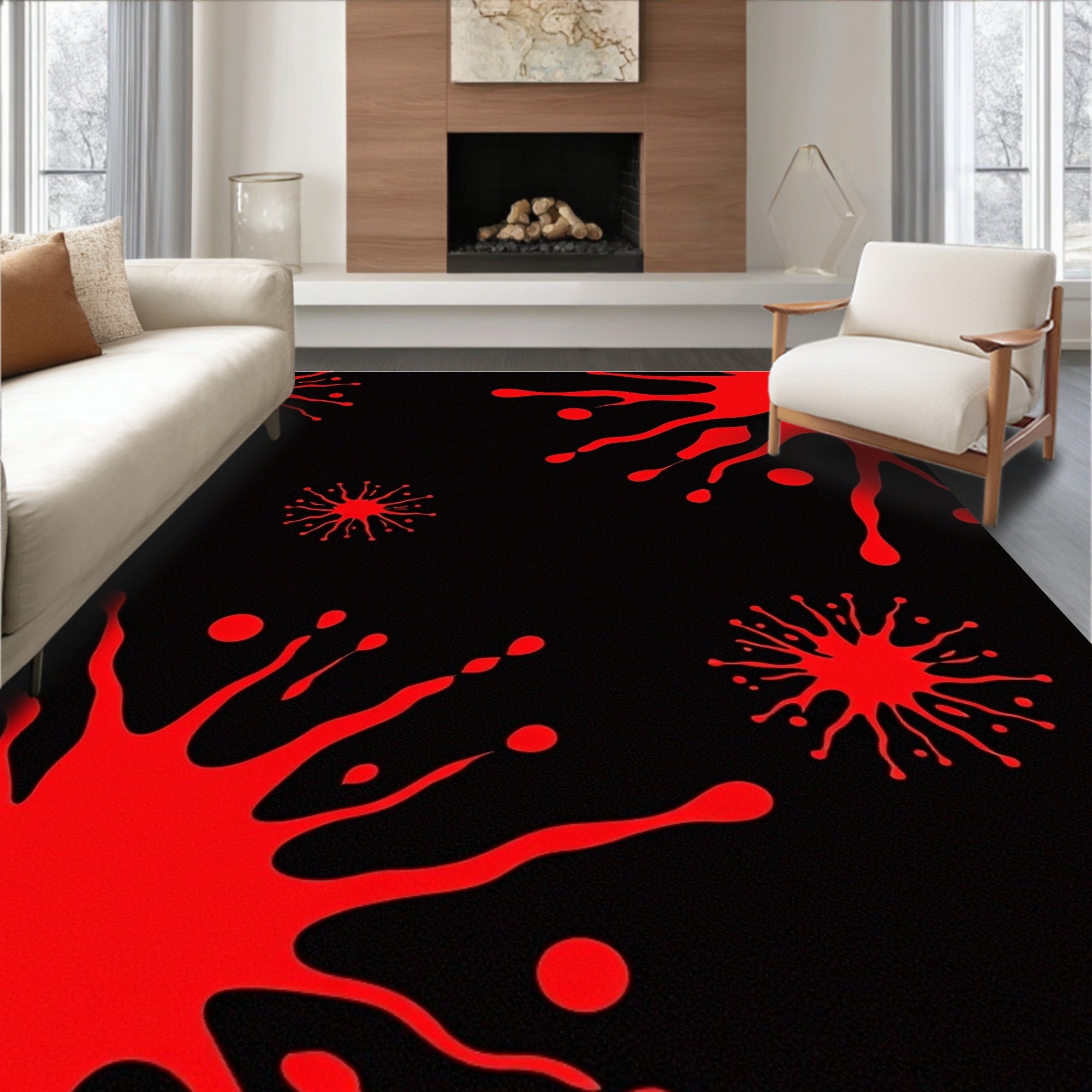 Crimson Splatter Abstract Comets Rug
