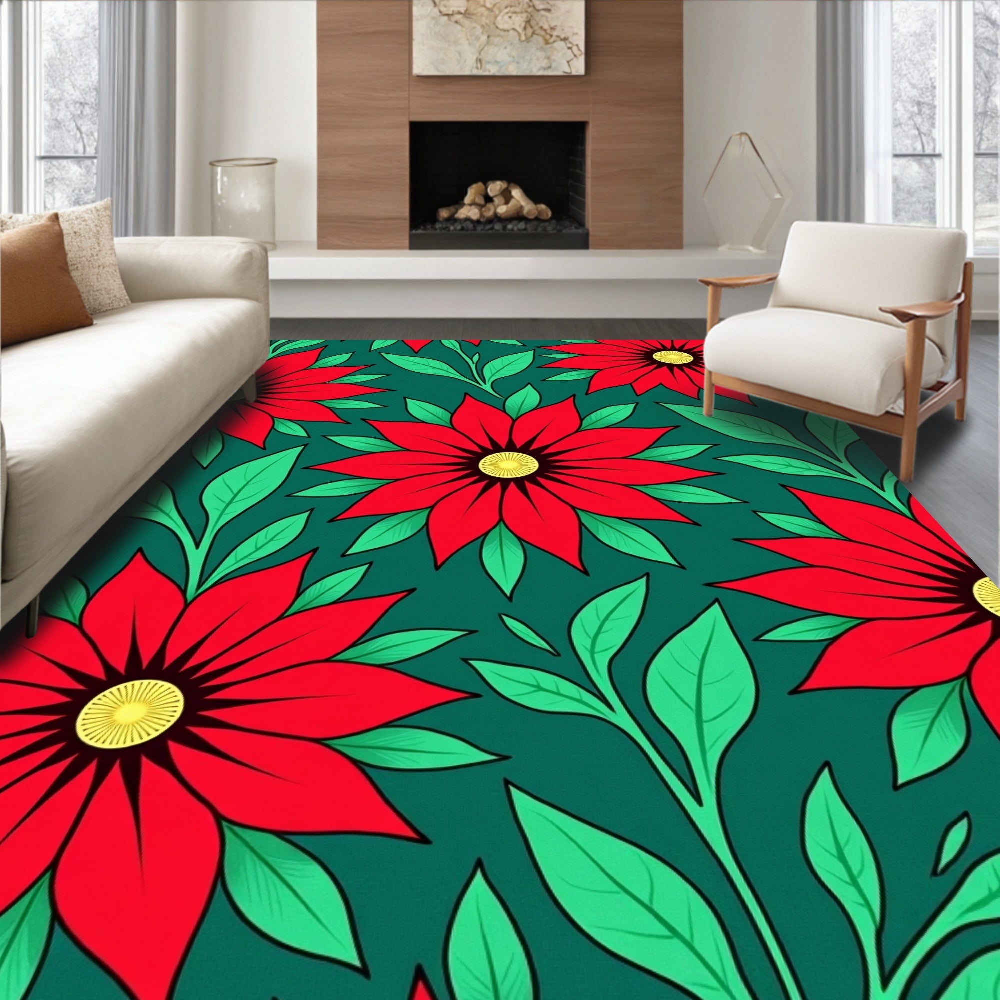 Bold Red Floral With Green Leaves Rug