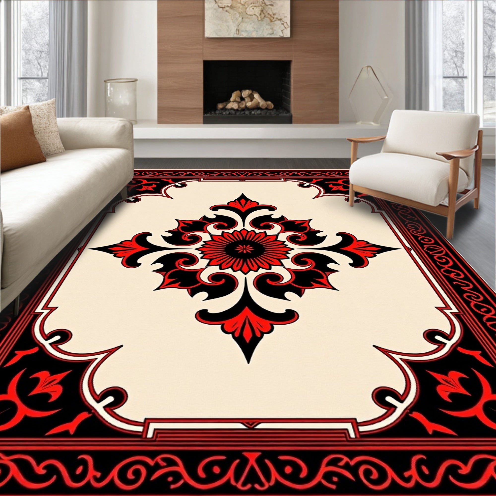 Crimson Black Floral Arch Rug