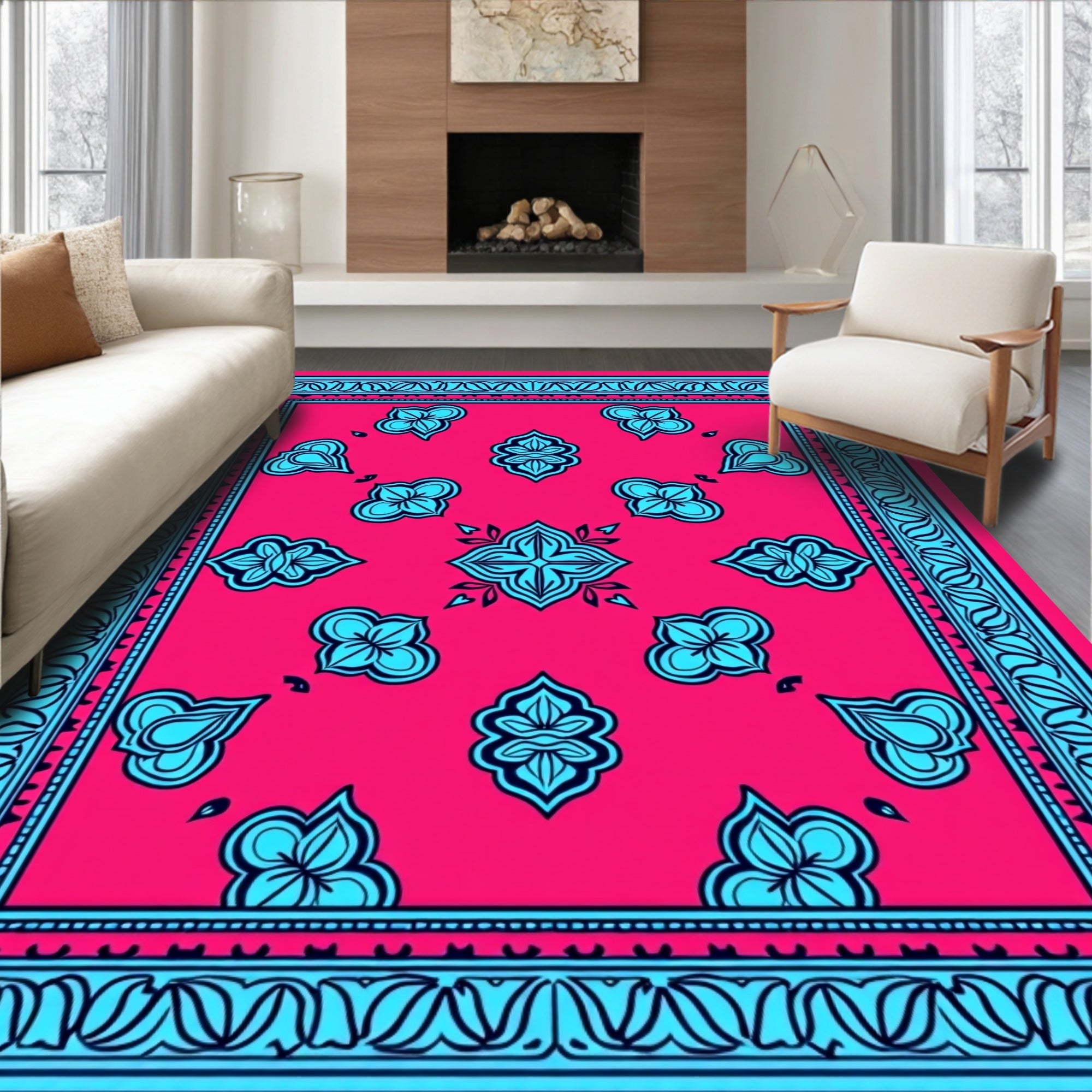 Bold Blue Bloom Surrounded by Coral Rug
