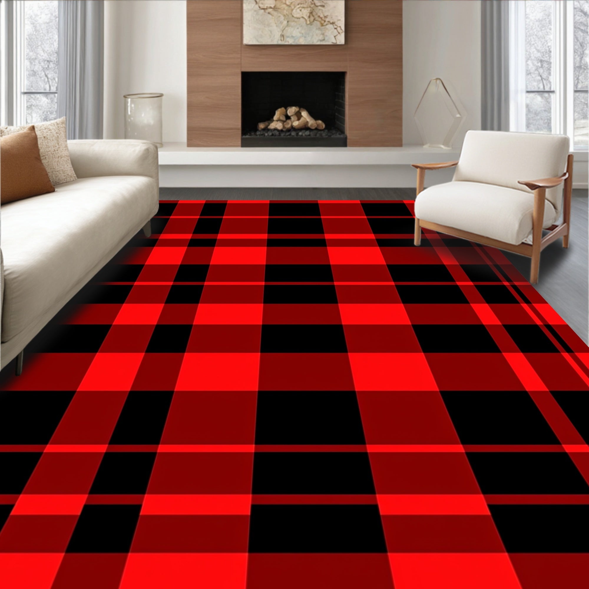 Classic Red Black Checkered Plaid Rug