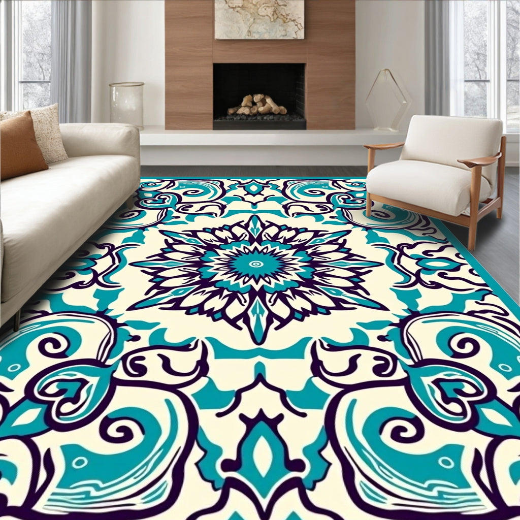 Mandala Teal Ivory Abstract Ornate Rug