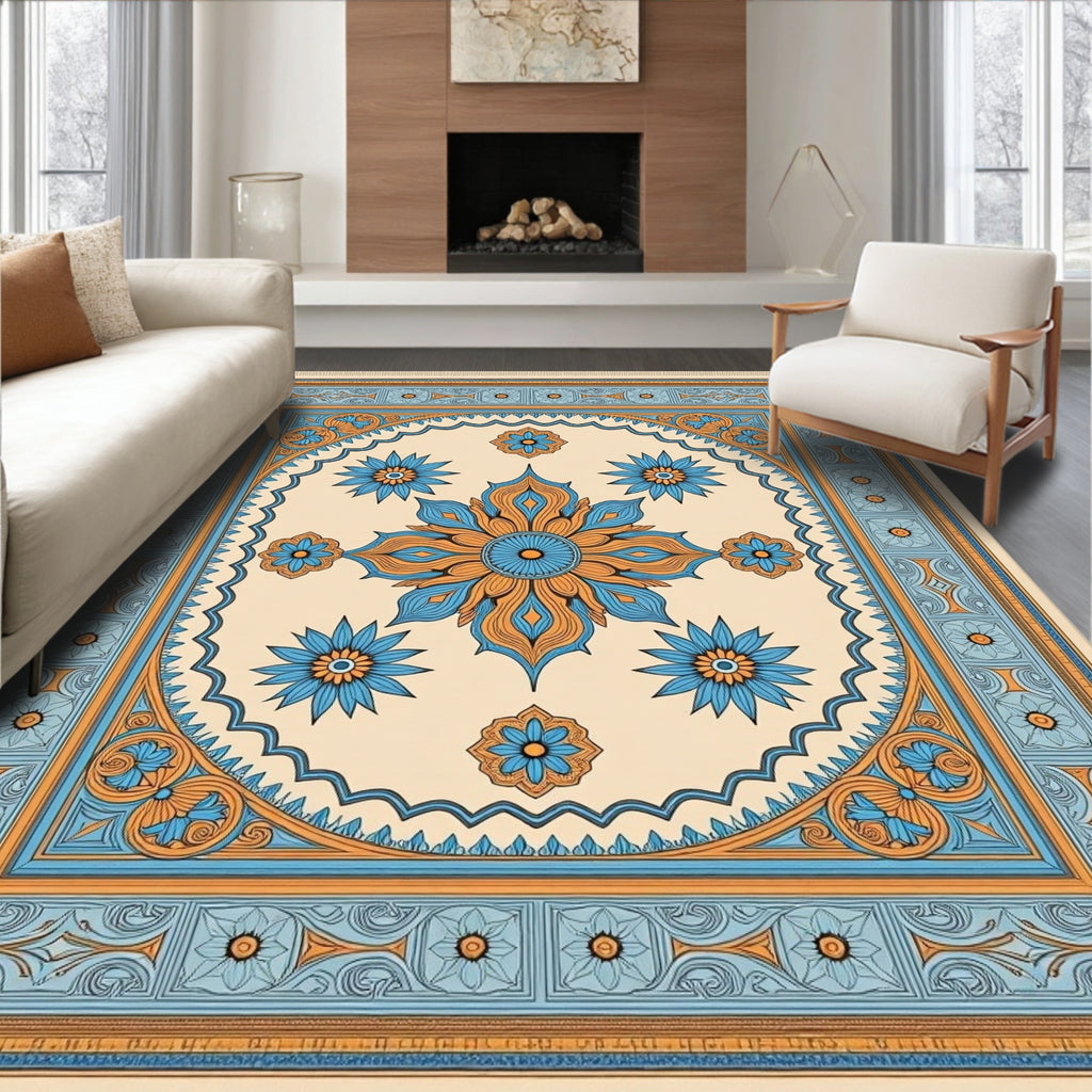 Ornate Blue and Orange Floral Mandala Rug