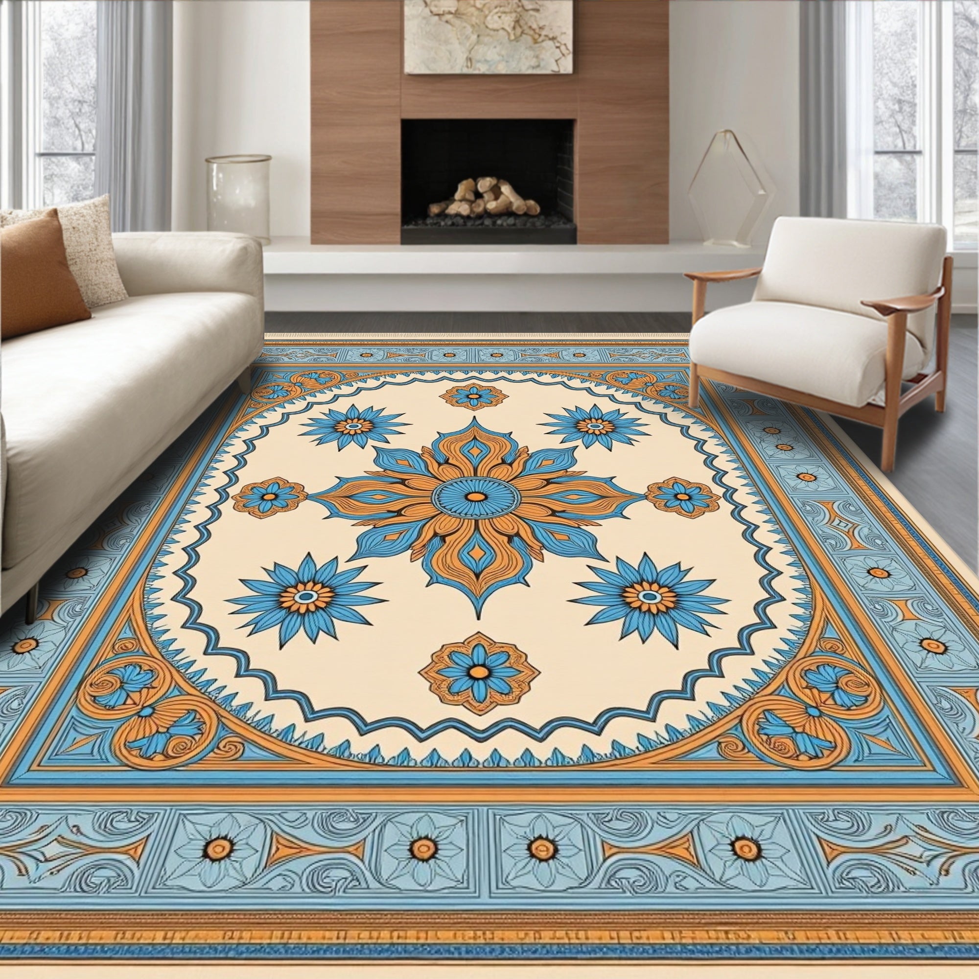 Ornate Blue and Orange Floral Mandala Rug