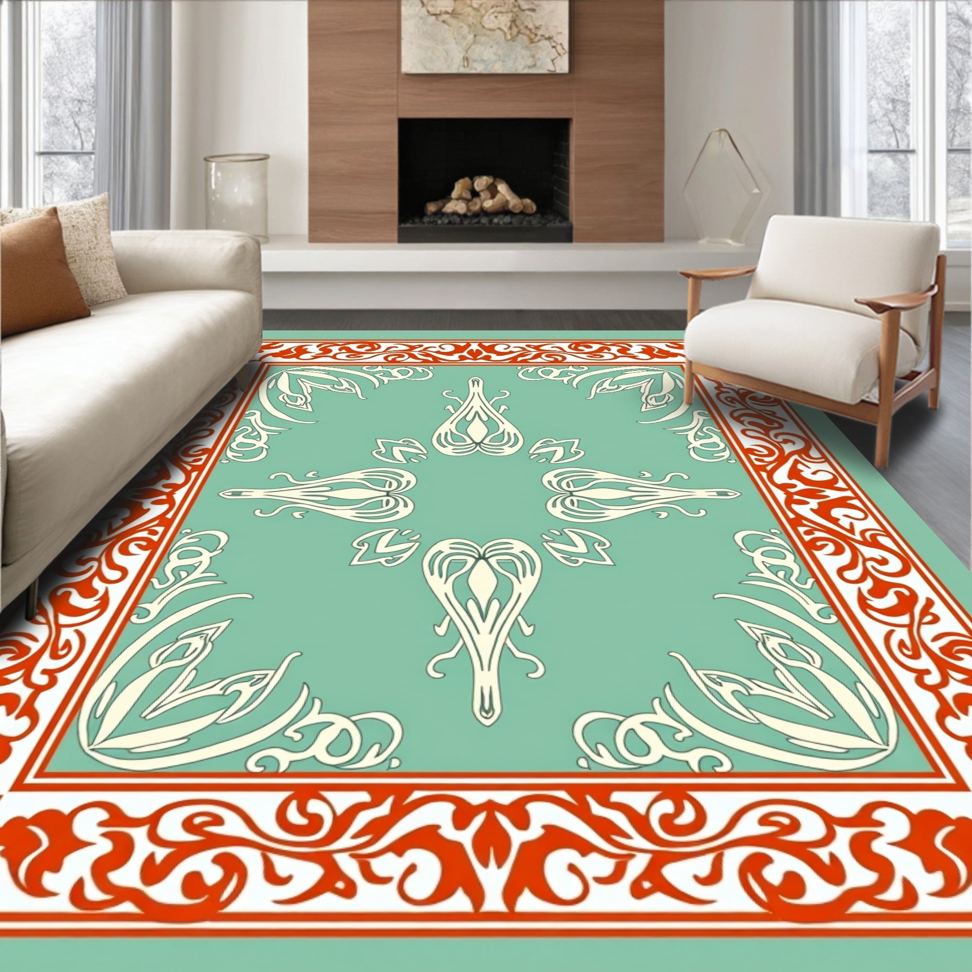 Mint Coral Elegant Art Nouveau Frame Rug