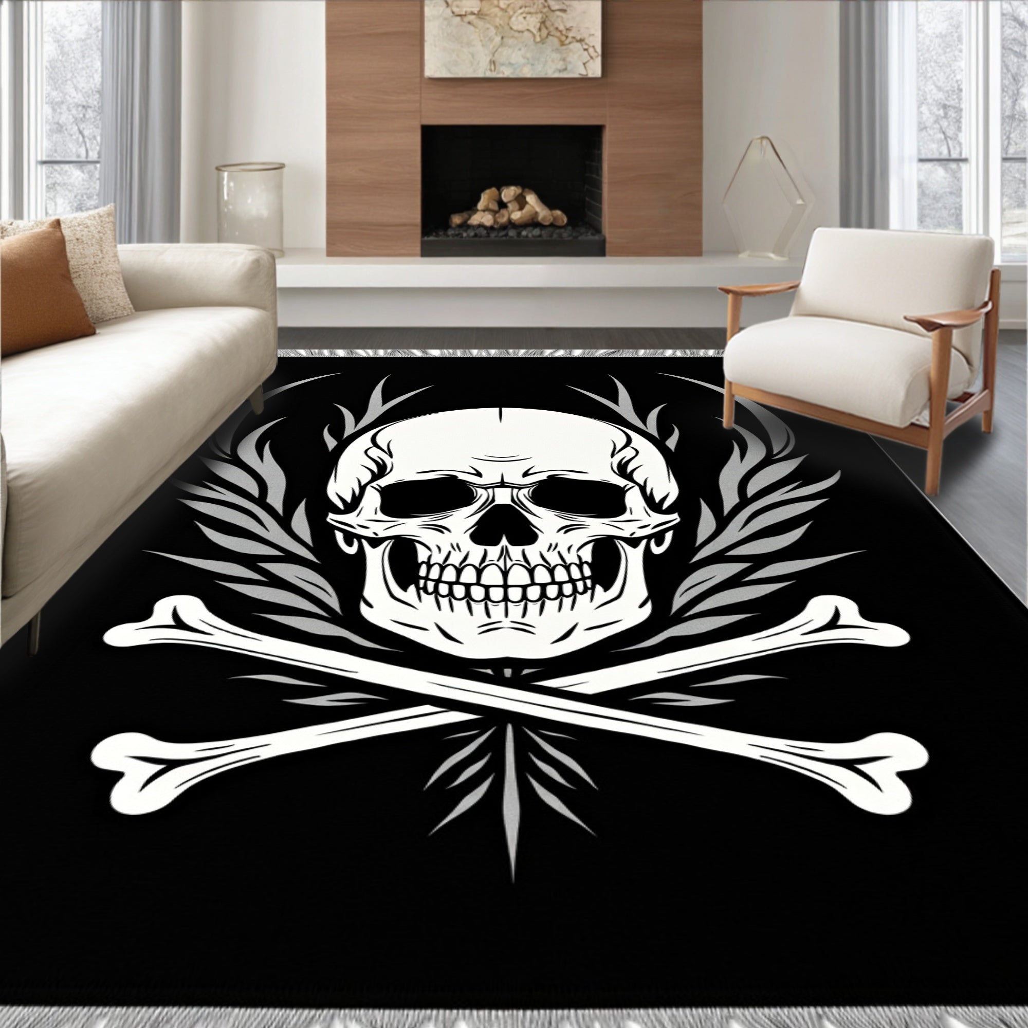 Monochromatic Skull Crossbones Winged Rug