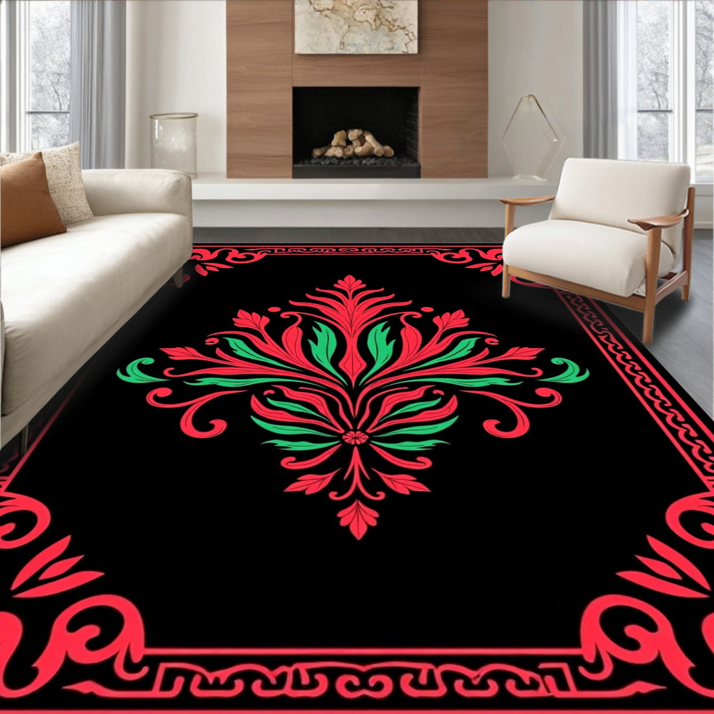Crimson and Green Baroque Floral Frame Rug
