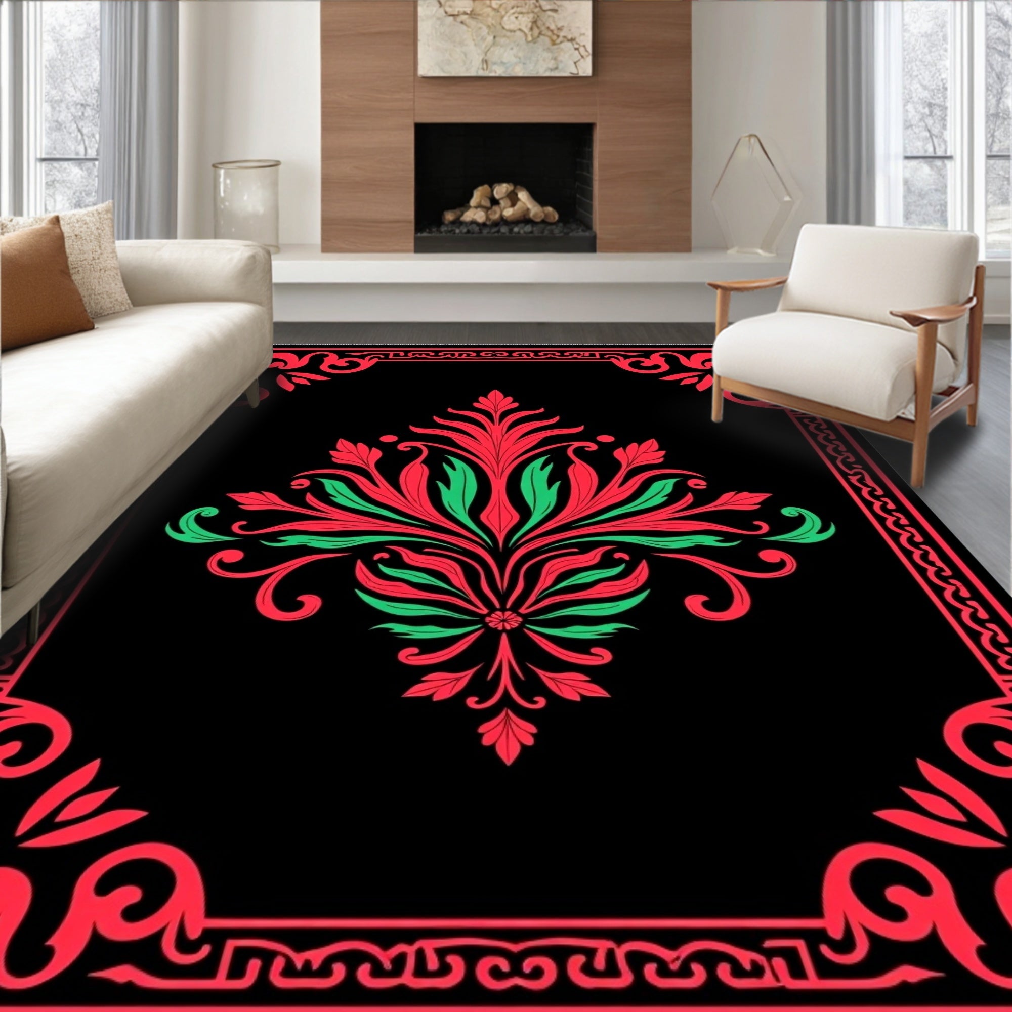 Crimson and Green Baroque Floral Frame Rug