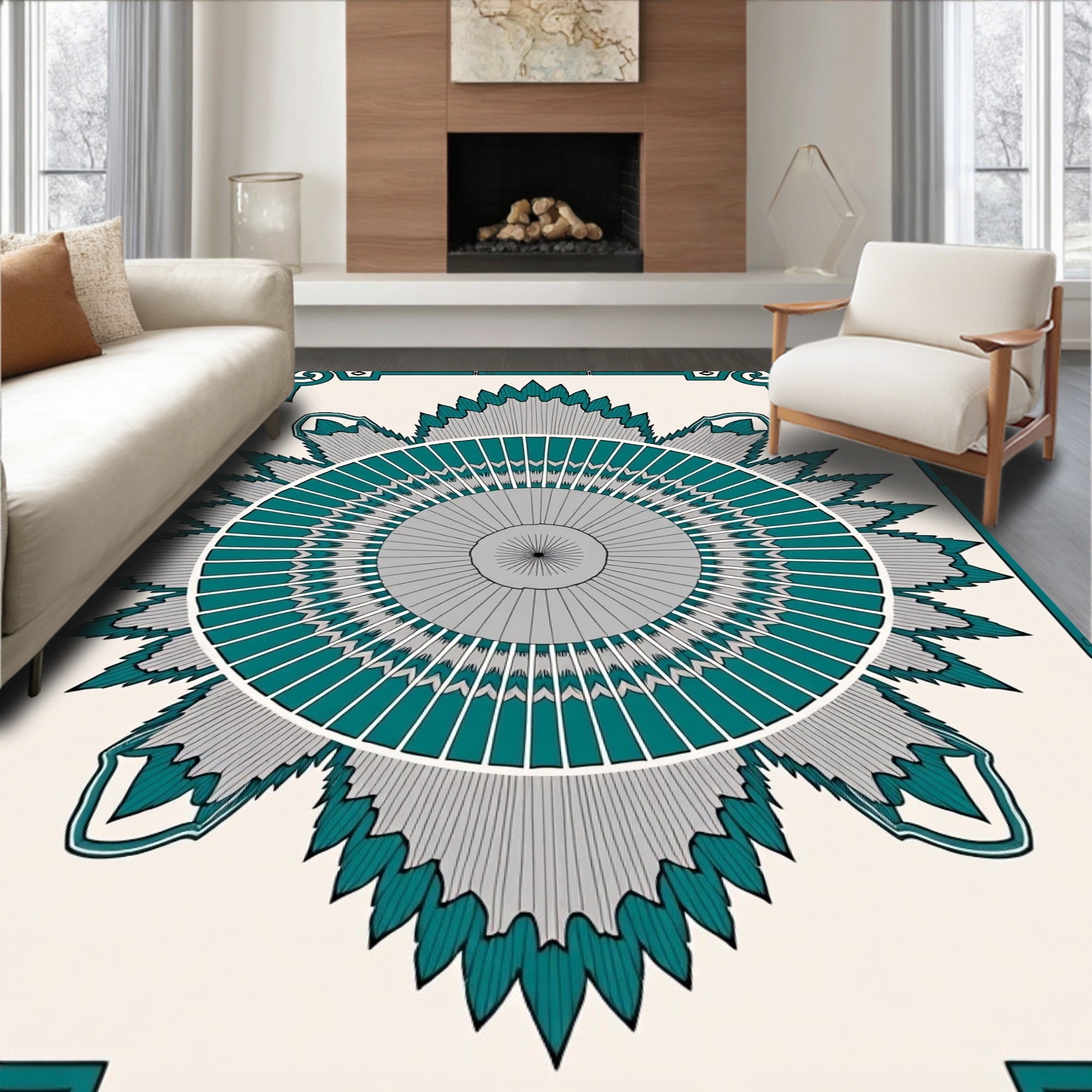 Teal Gray Sunburst Medallion Frame Rug