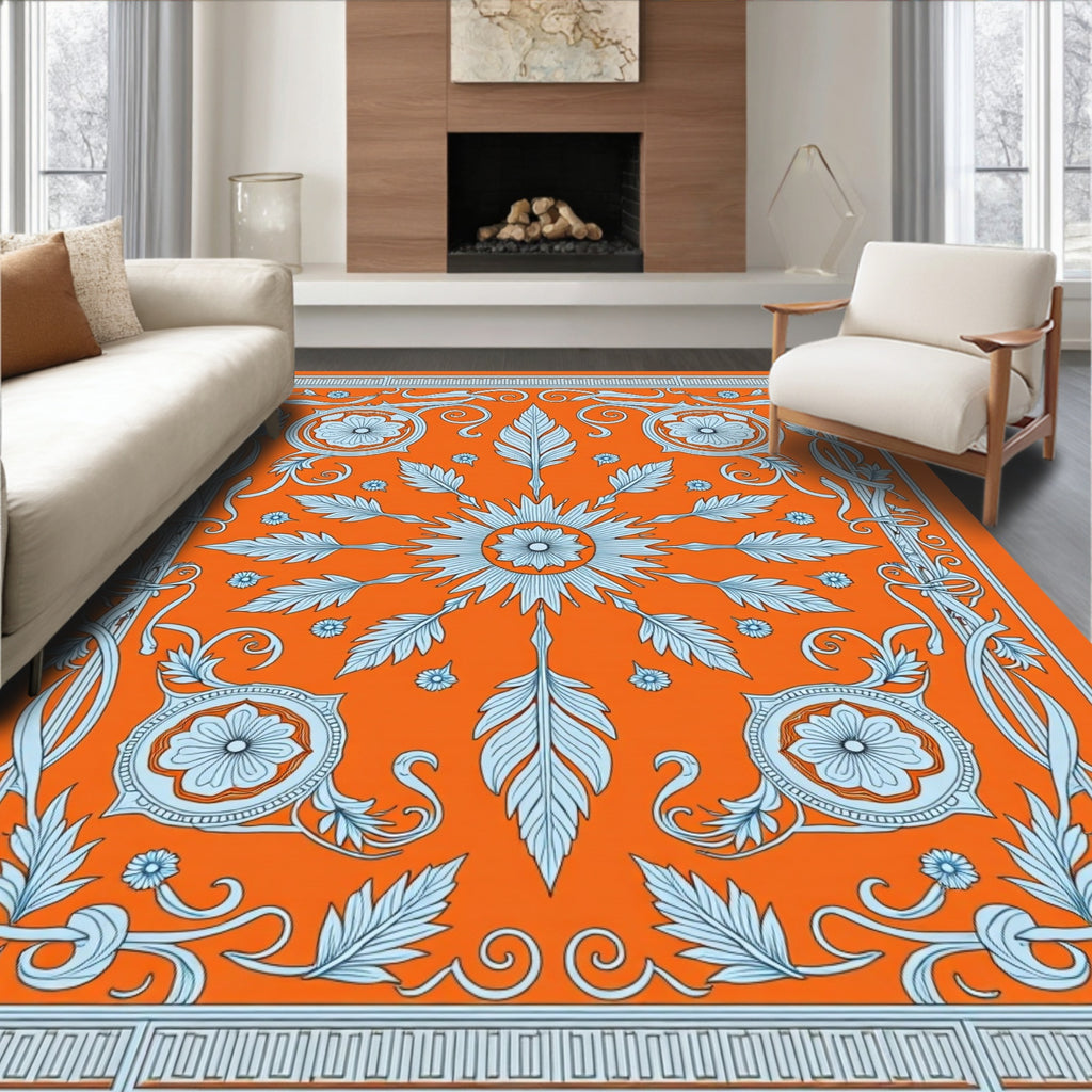 Vibrant Orange Light Blue Floral Scroll Rug