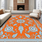 Vibrant Orange Light Blue Floral Scroll Rug