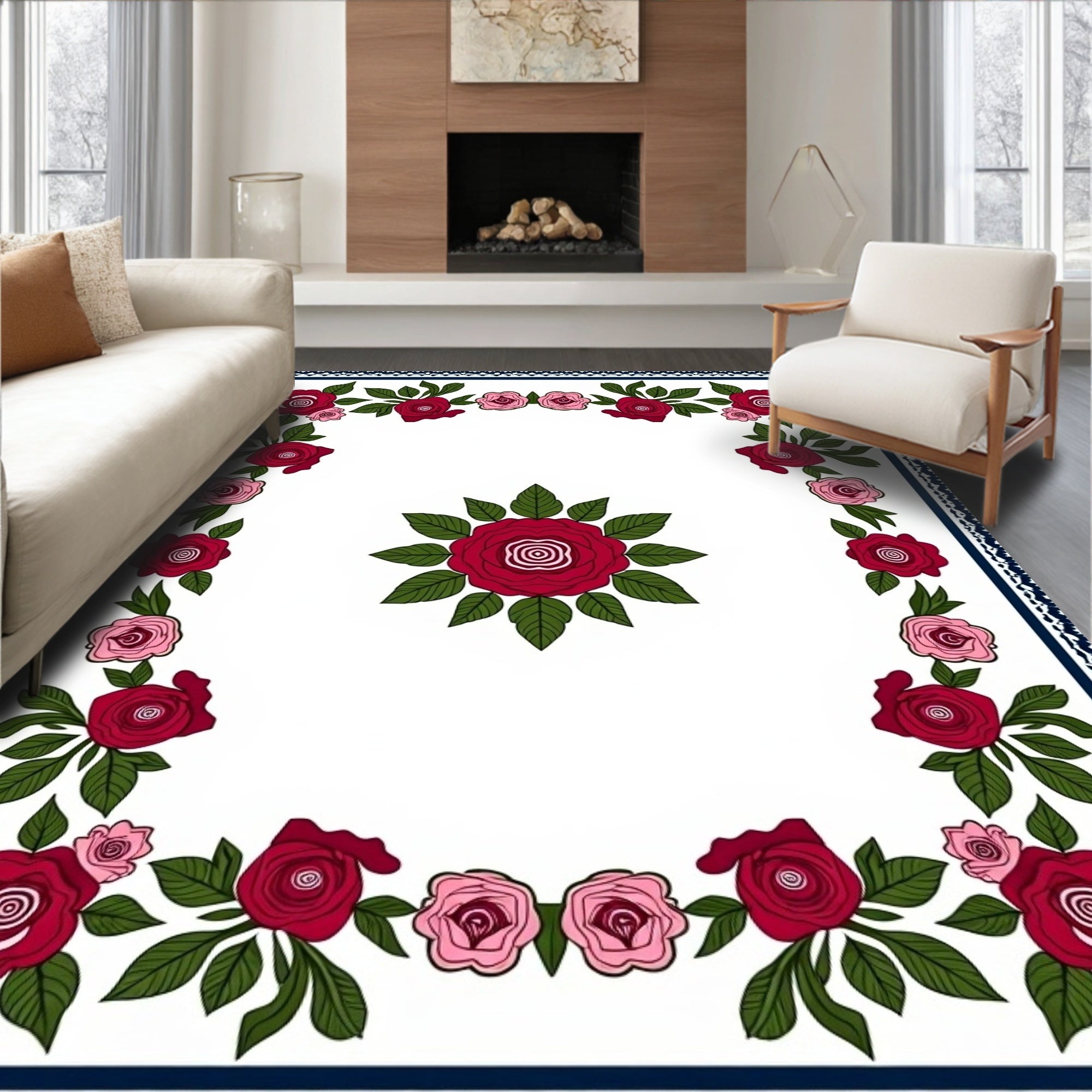 Classic Crimson Pink Floral Garland Rug