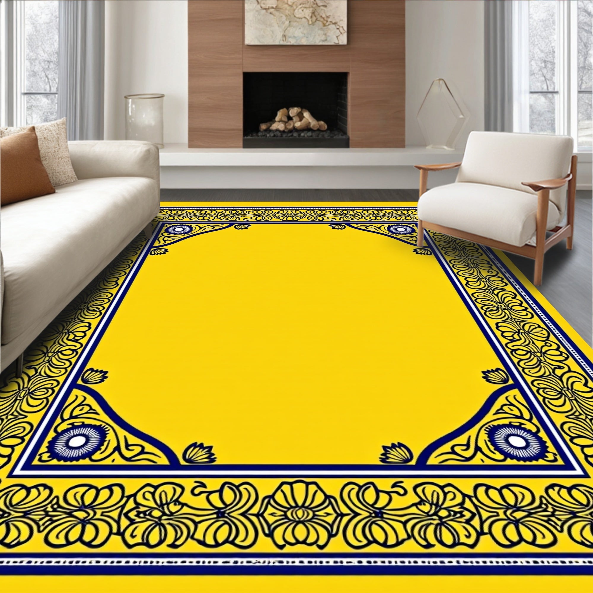 Vibrant Yellow Floral Scroll Frame Rug